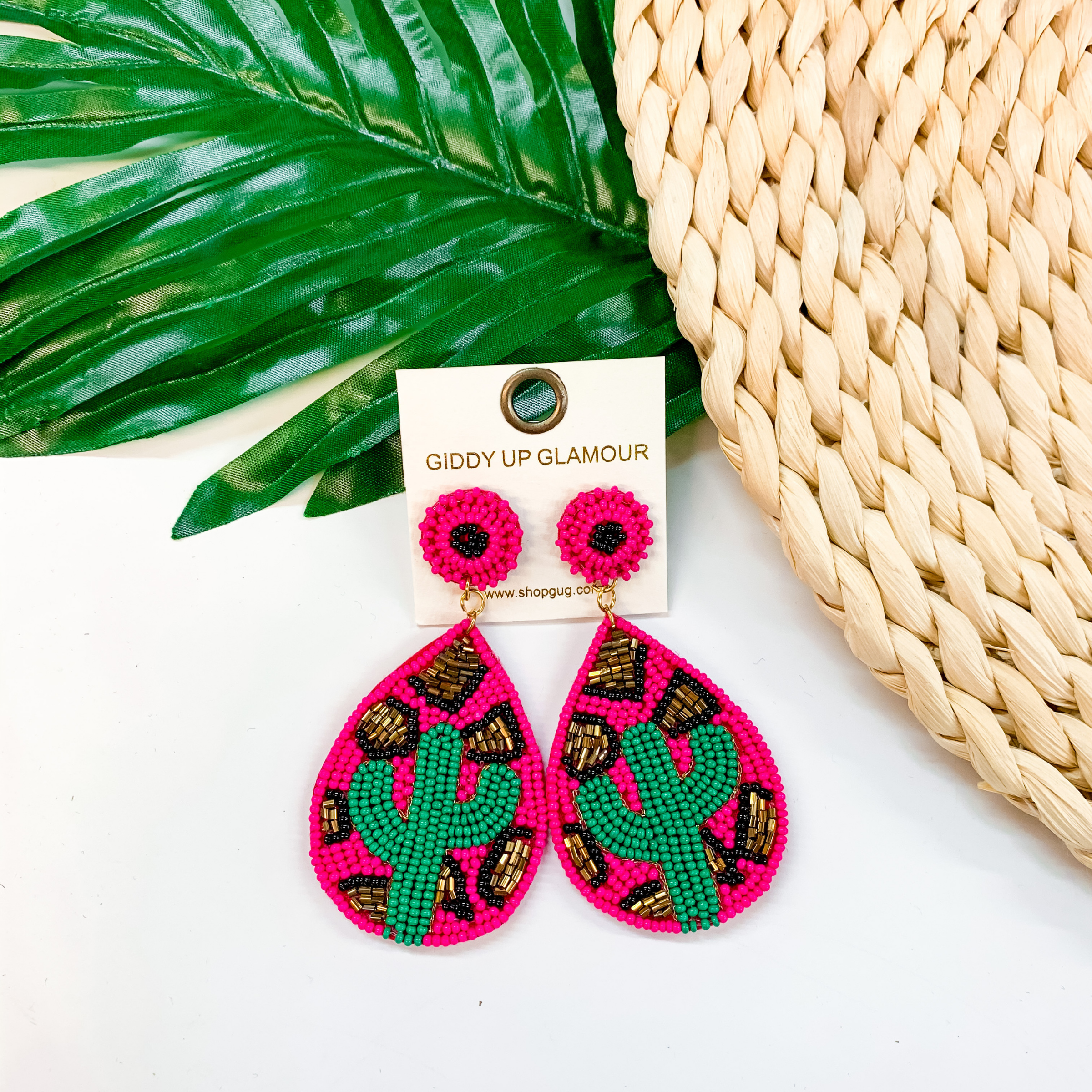 Cactus and Leopard Print Seed Bead Teardrop Earrings In Fuchsia and Green - Giddy Up Glamour Boutique