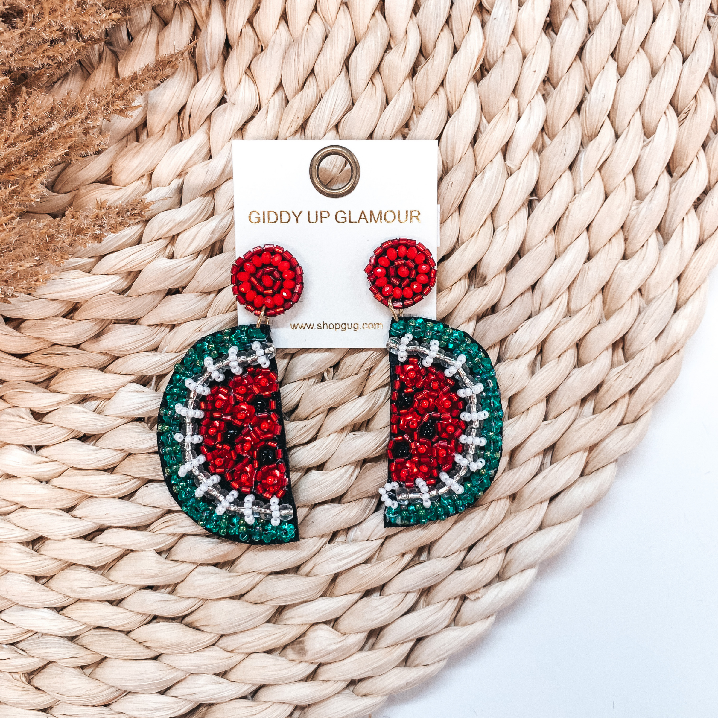 Beaded Watermelon Dandle Earrings with Post Back in Red and Green - Giddy Up Glamour Boutique