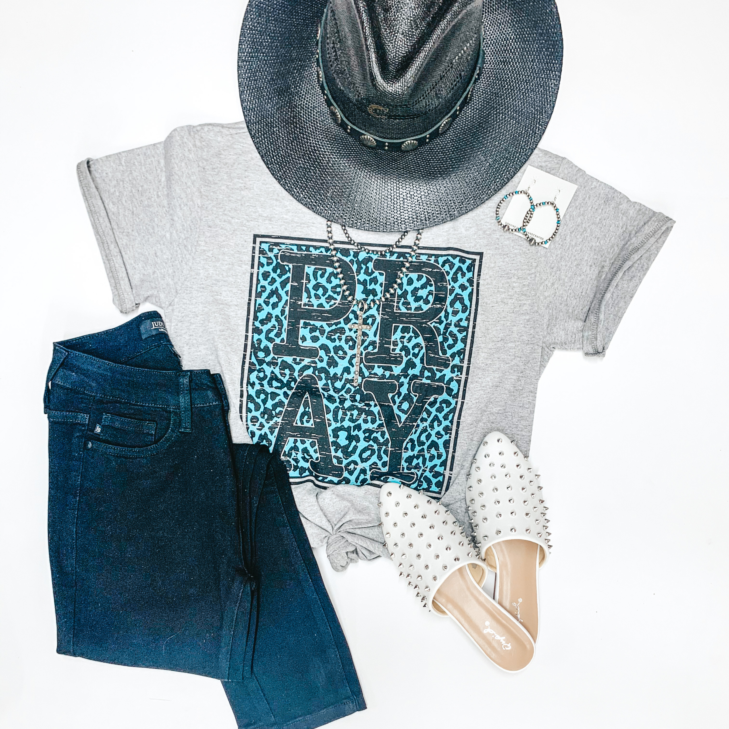 Last Chance Size Small & Med. | Pray Turquoise Leopard Short Sleeve Graphic Tee in Heather Grey - Giddy Up Glamour Boutique