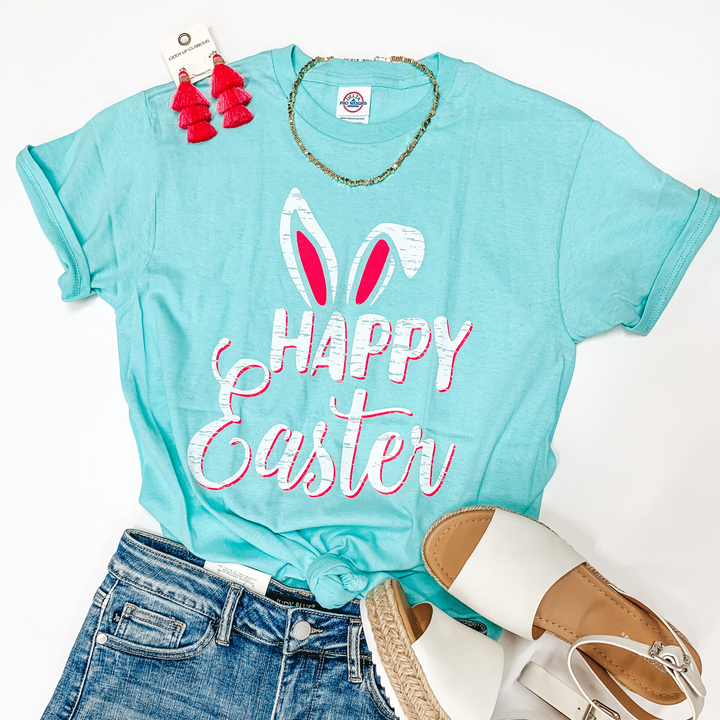 Happy Easter Bunny Ears Graphic Tee in Neon Mint - Giddy Up Glamour Boutique