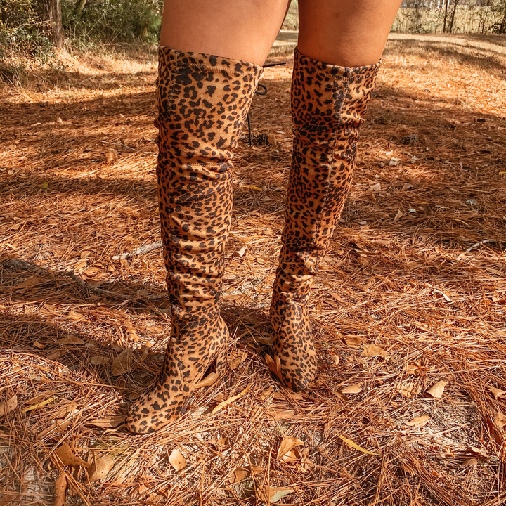 Saints Faux Suede Thigh High Boots in Cheetah - Giddy Up Glamour Boutique