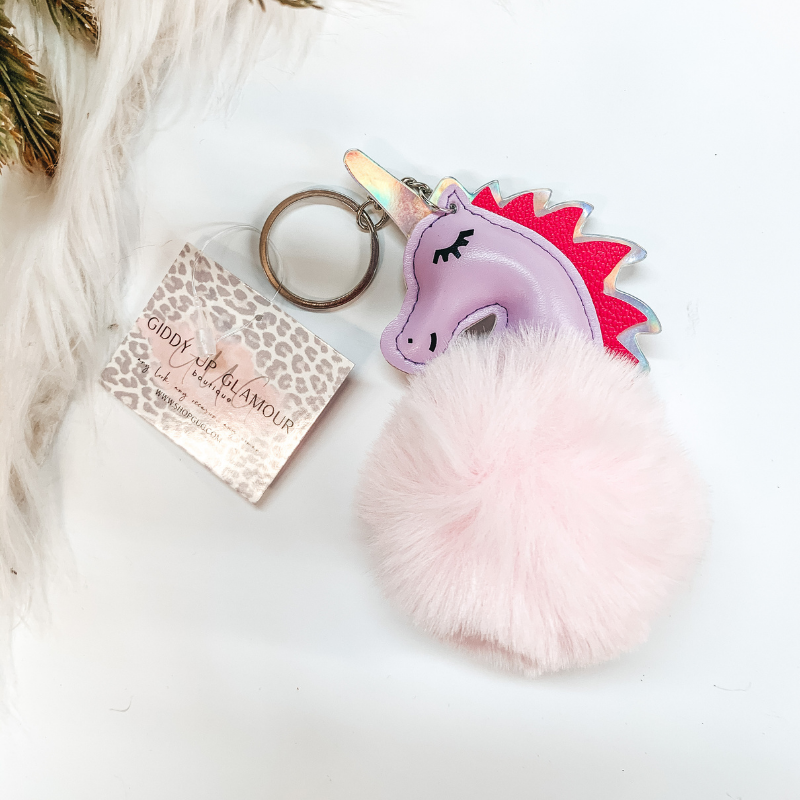 Buy 3 for $10 | Purple Unicorn Puff Ball Keychain - Giddy Up Glamour Boutique