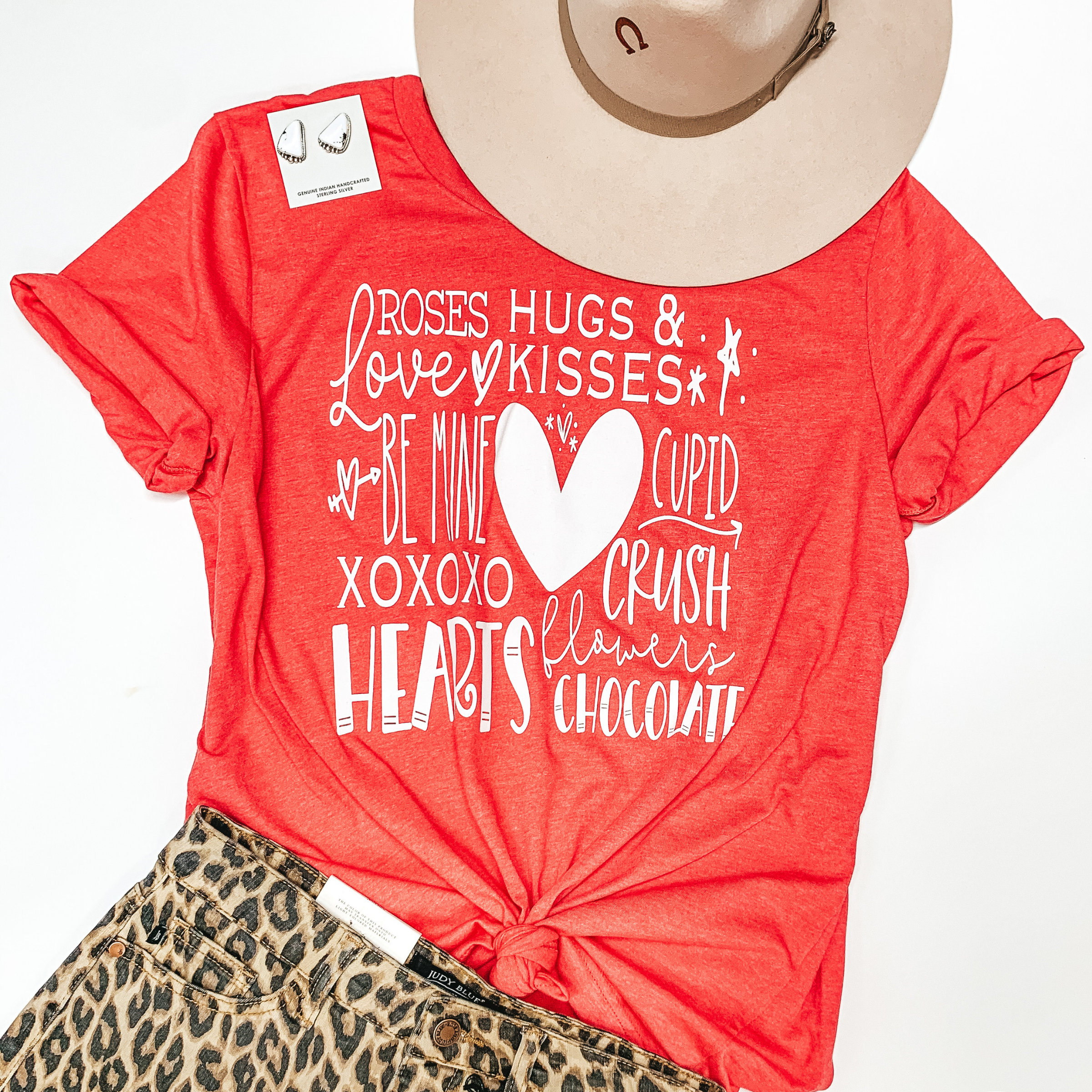 Roses, Hugs, & Kisses Crew Neck Graphic Tee in Heather Red - Giddy Up Glamour Boutique