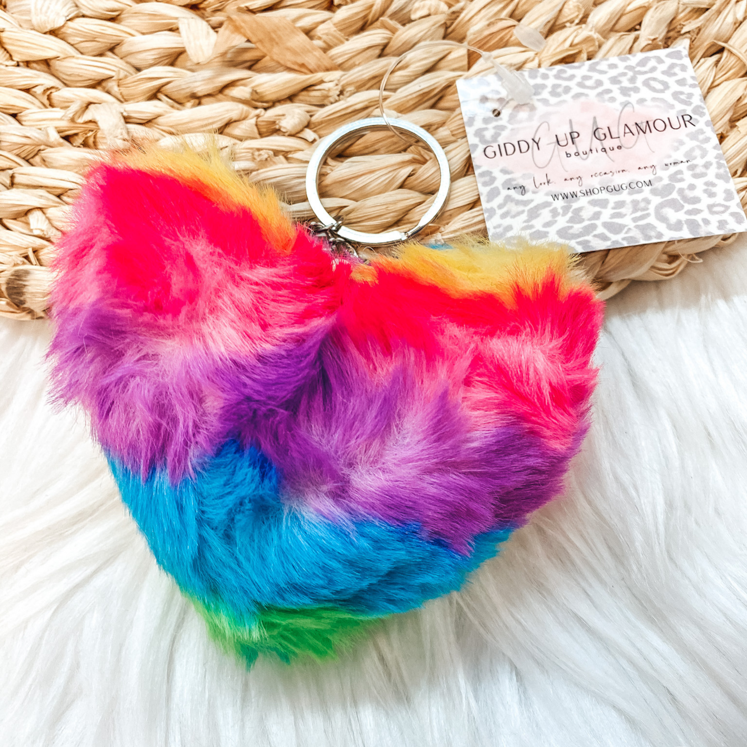 Rainbow Heart Pom Keychain