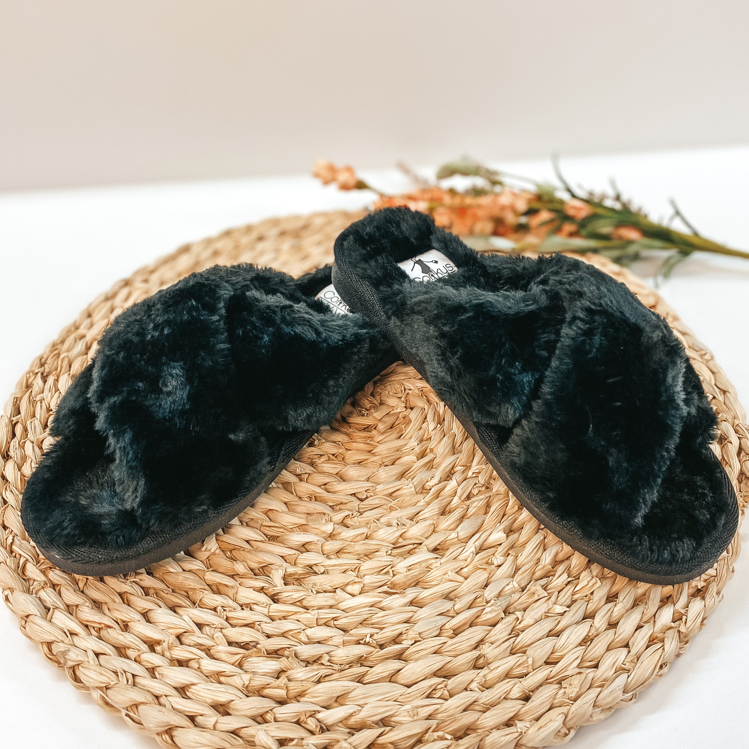 Corky's | Slumber Criss Cross Slide On Furry Slippers in Black - Giddy Up Glamour Boutique