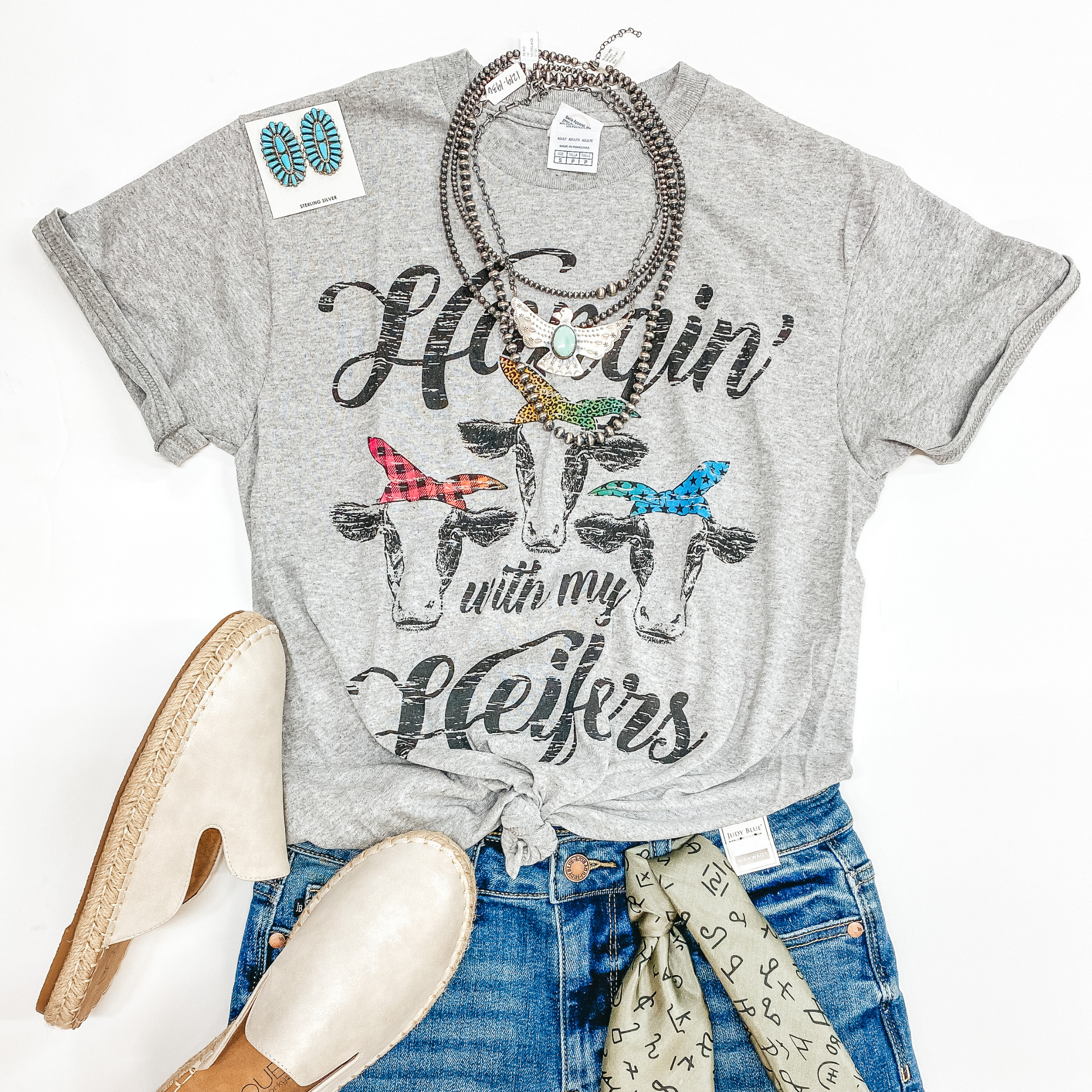 Online Exclusive | Hangin' with my Heifers Cow Short Sleeve Graphic Tee in Heather Grey - Giddy Up Glamour Boutique