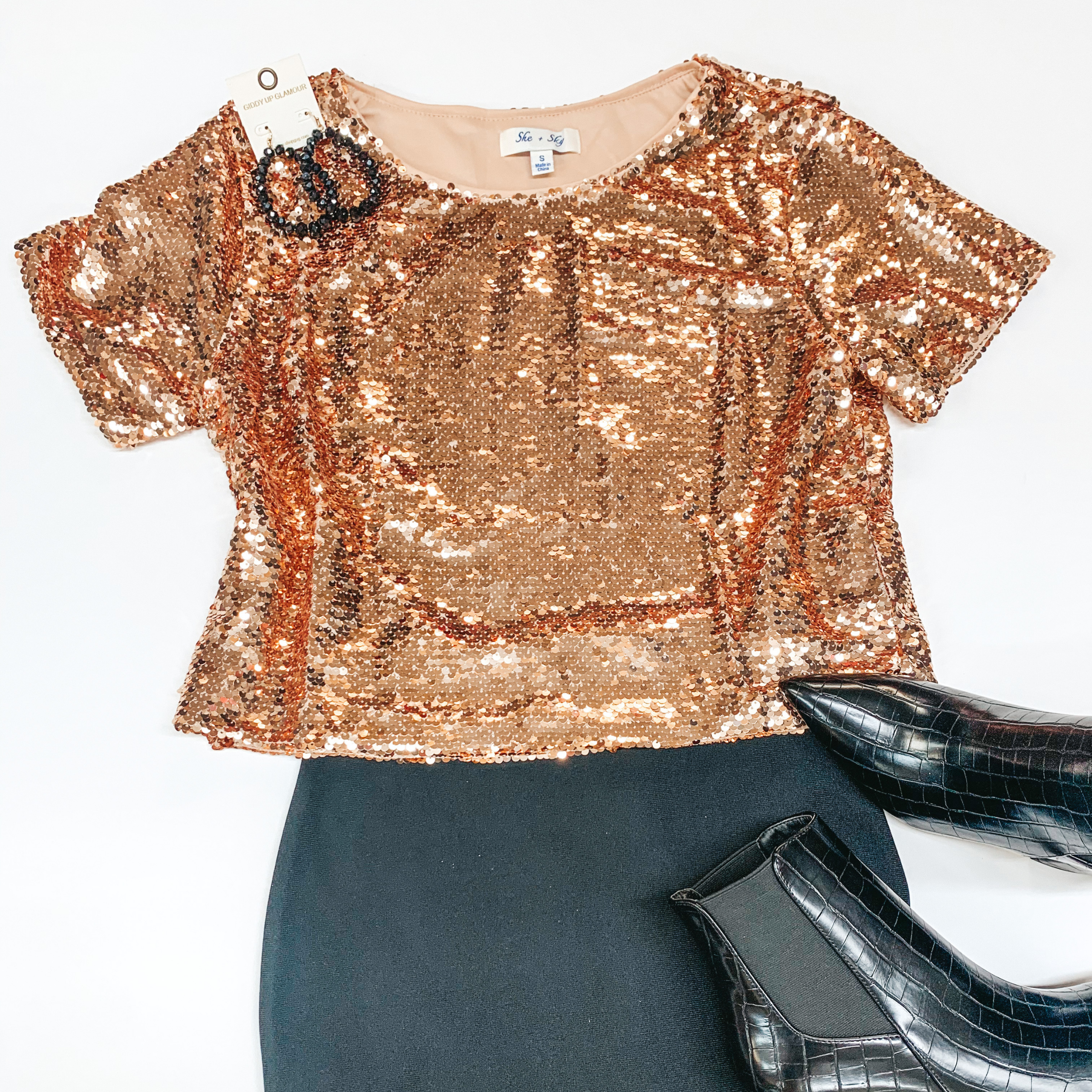 Glow Up Sequin Crop Top in Rose Gold - Giddy Up Glamour Boutique