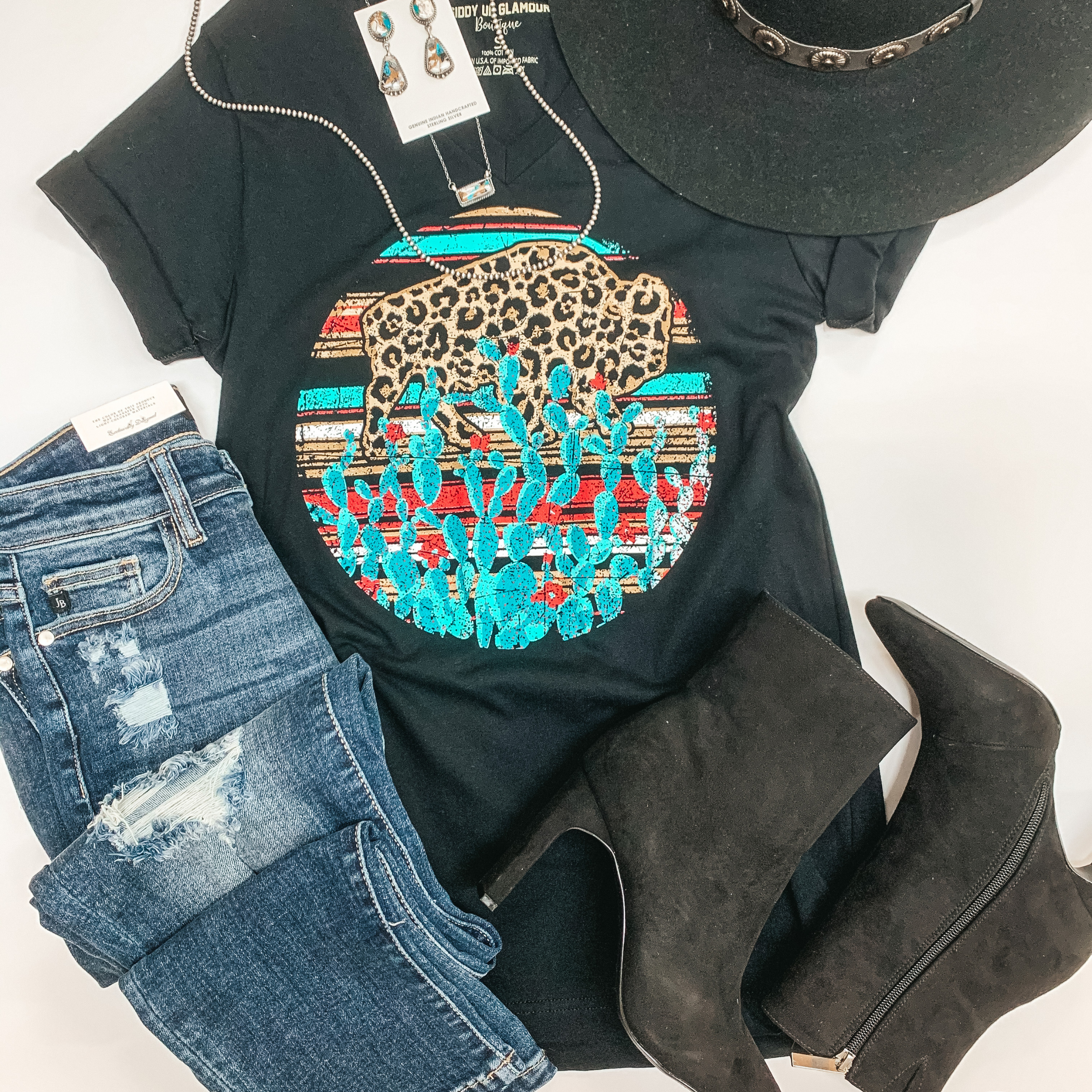 Bison Prairie Leopard Buffalo and Cactus Graphic Tee in Black - Giddy Up Glamour Boutique