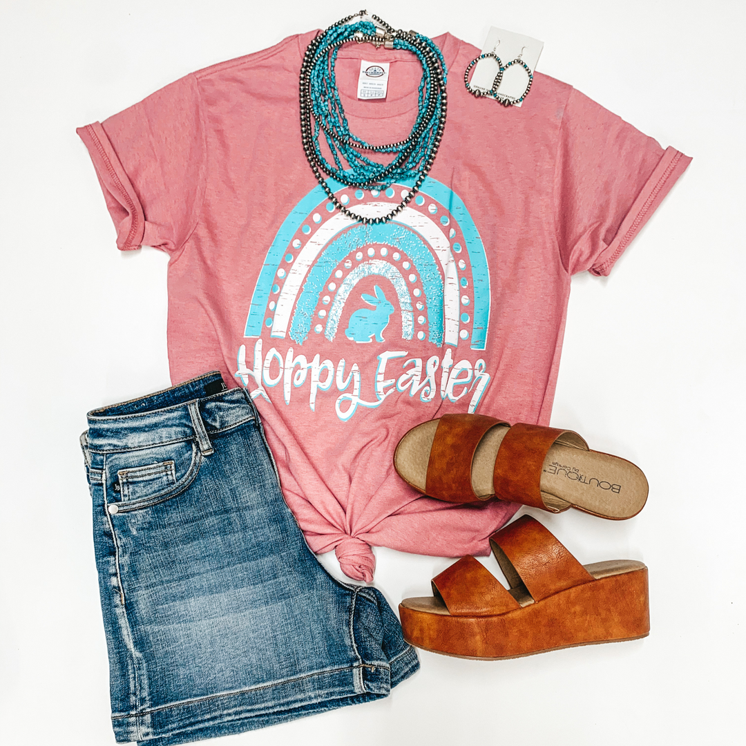 Hoppy Easter Rainbow Short Sleeve Graphic Tee in Mauve Pink - Giddy Up Glamour Boutique