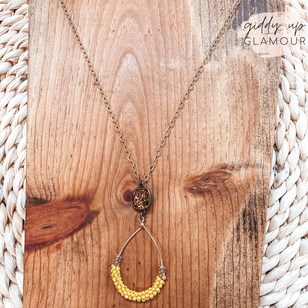 Pink Panache | Teardrop Pendant with Crystal Detailing and Topaz Cushion Cut Stud in Yellow - Giddy Up Glamour Boutique