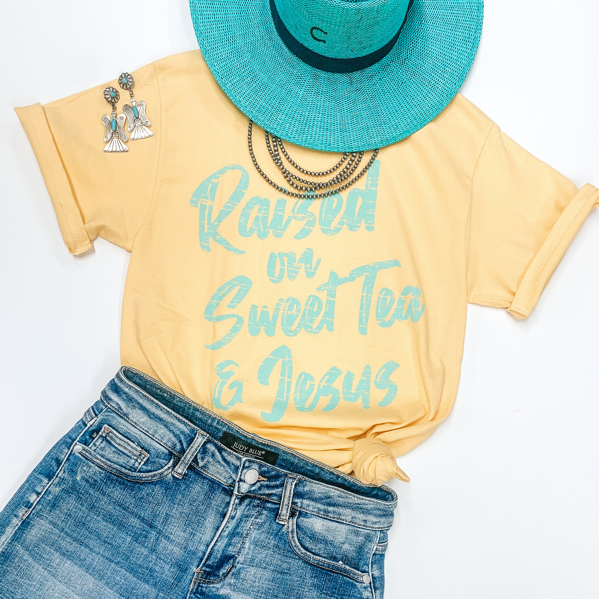 Raised On Sweet Tea and Jesus Short Sleeve Graphic Tee in Yellow - Giddy Up Glamour Boutique