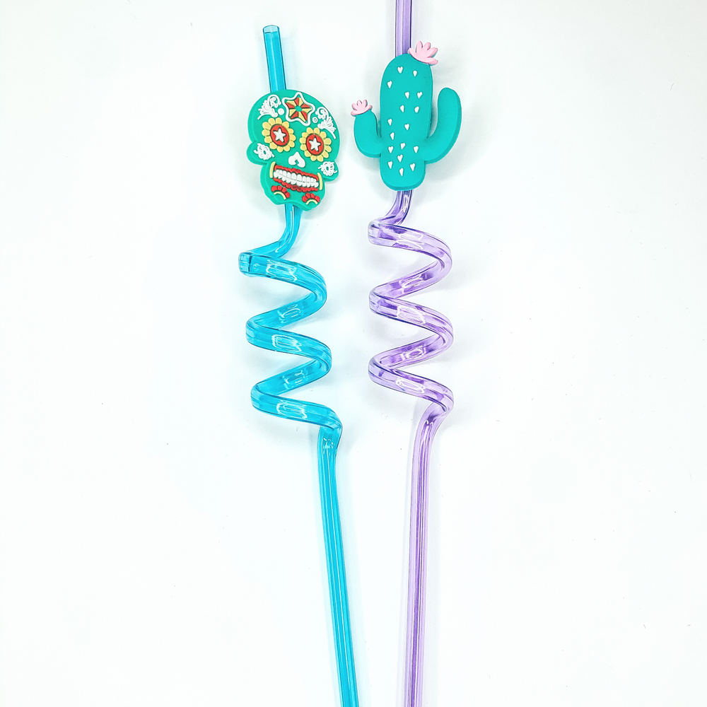 Buy 3 for $10 | Set of Two | Colorful Crazy Straws with Sugar Skull and Cactus Charm - Giddy Up Glamour Boutique