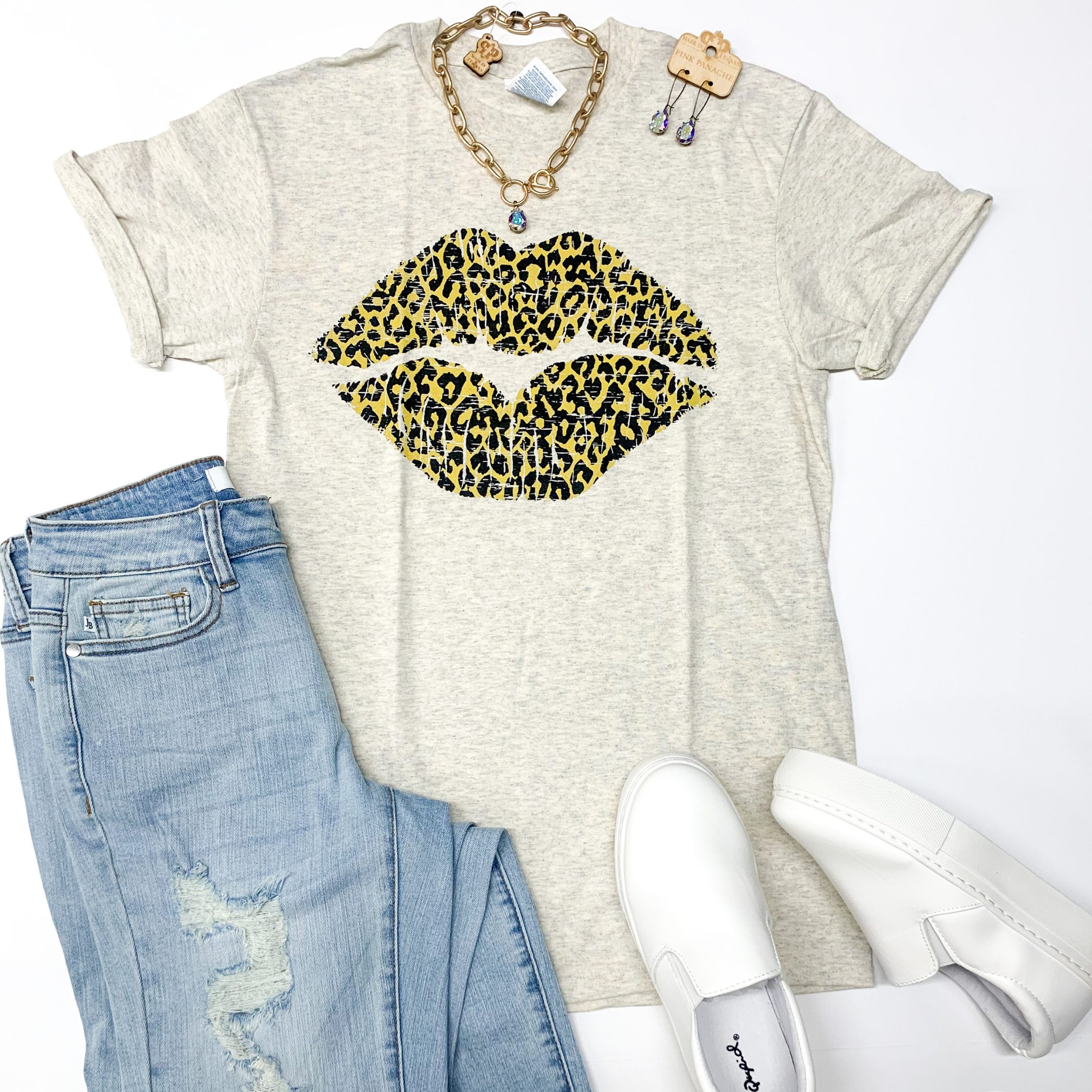 Last Chance Size Medium | Loving In Leopard Animal Print Lip Graphic Tee in Oatmeal - Giddy Up Glamour Boutique