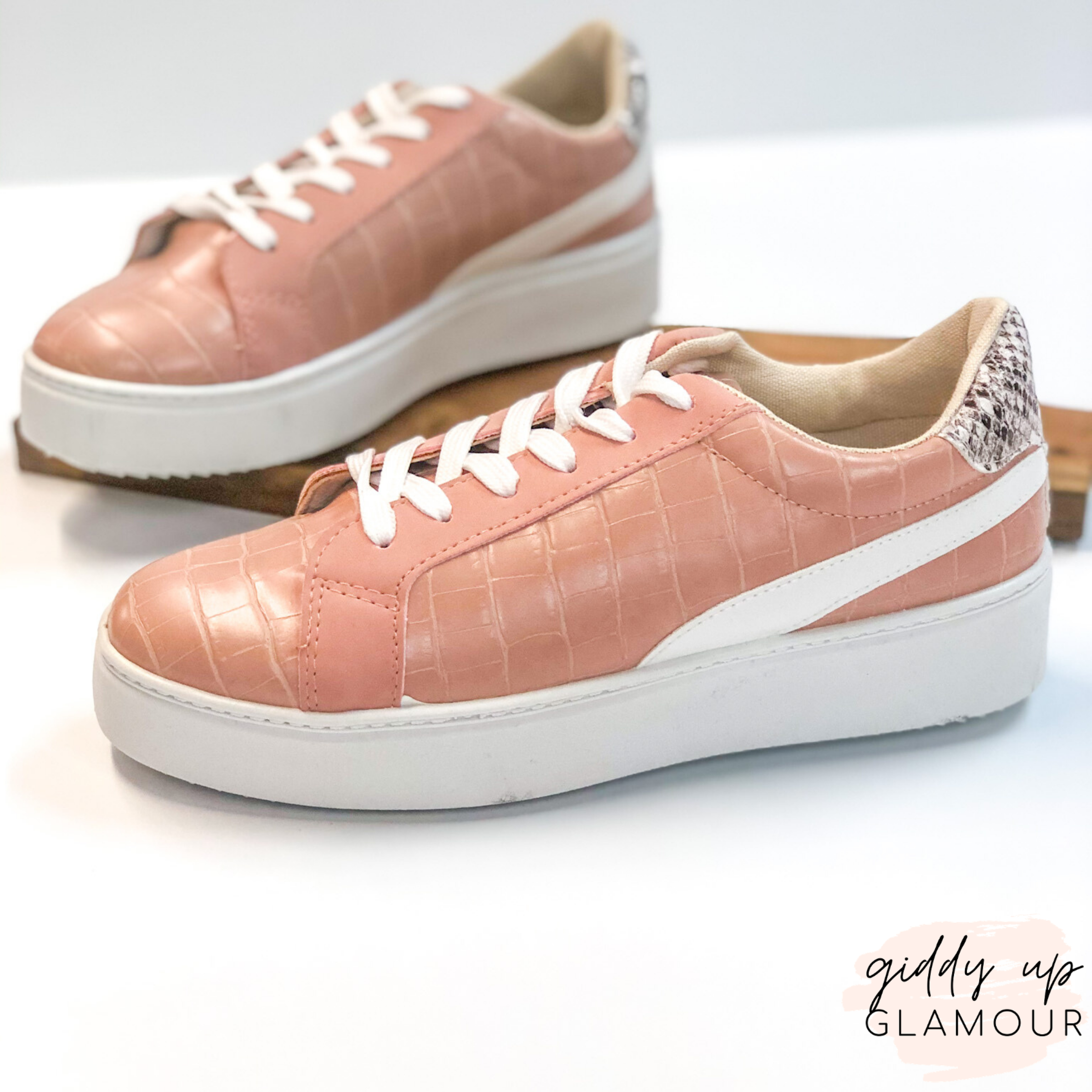 Can't Stay Away Crocodile Sneakers with Snakeskin Heel Patch in Blush Nude - Giddy Up Glamour Boutique