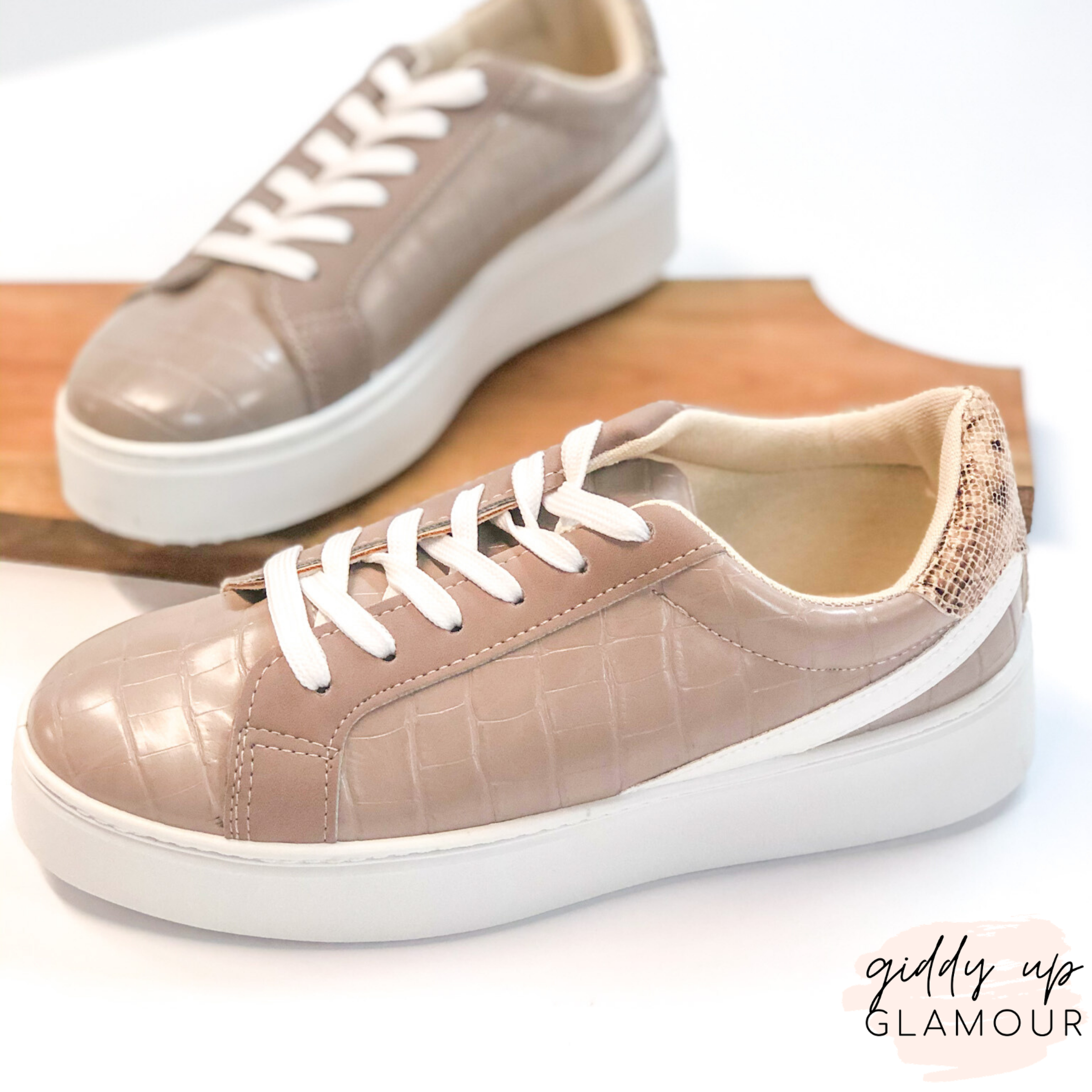 Last Chance Size 5.5, 6, & 7 | Can't Stay Away Crocodile Sneakers with Snakeskin Heel Patch in Grey - Giddy Up Glamour Boutique