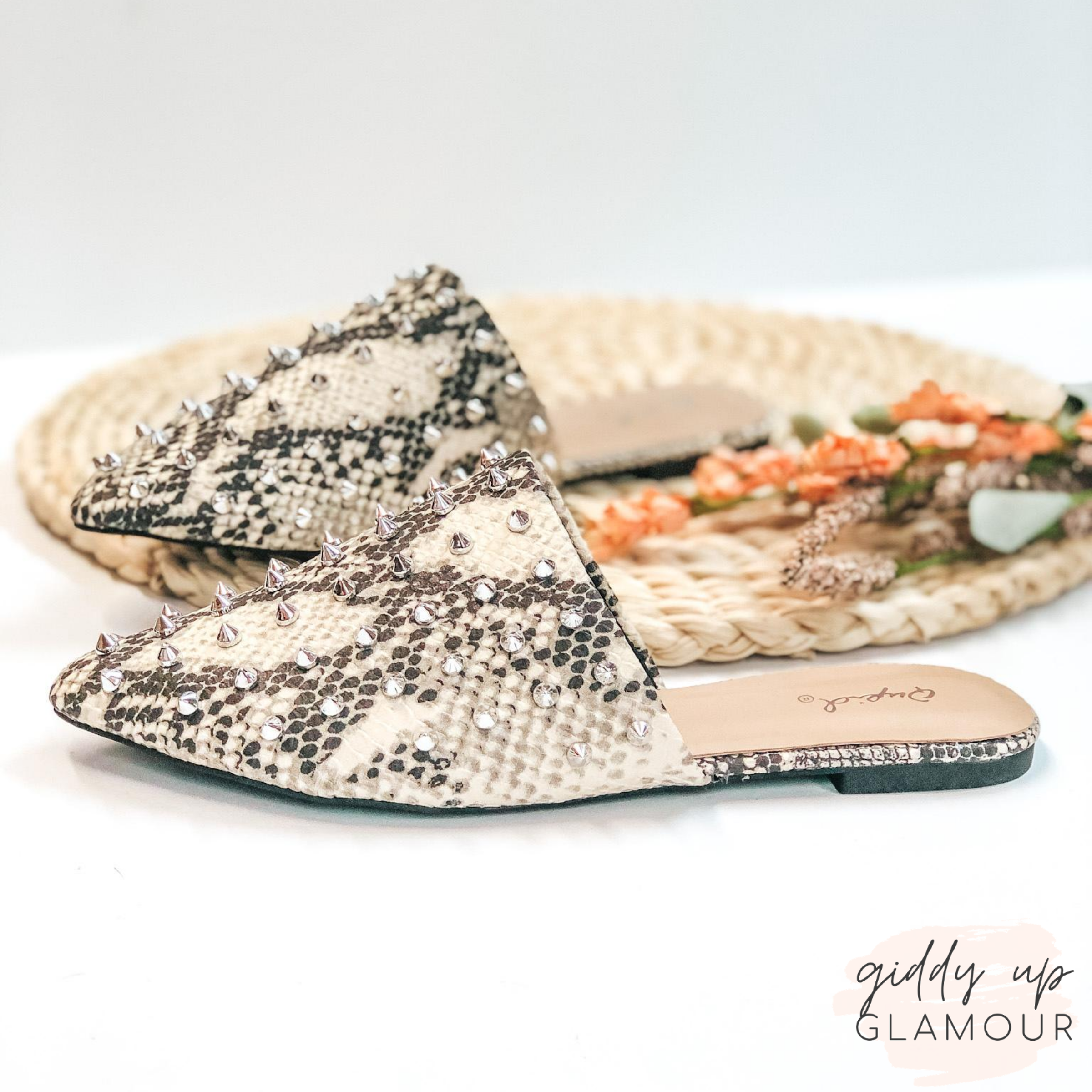 Last Chance Size 6 | Uptown Girl Silver Spiked Slide On Mules in Snakeskin