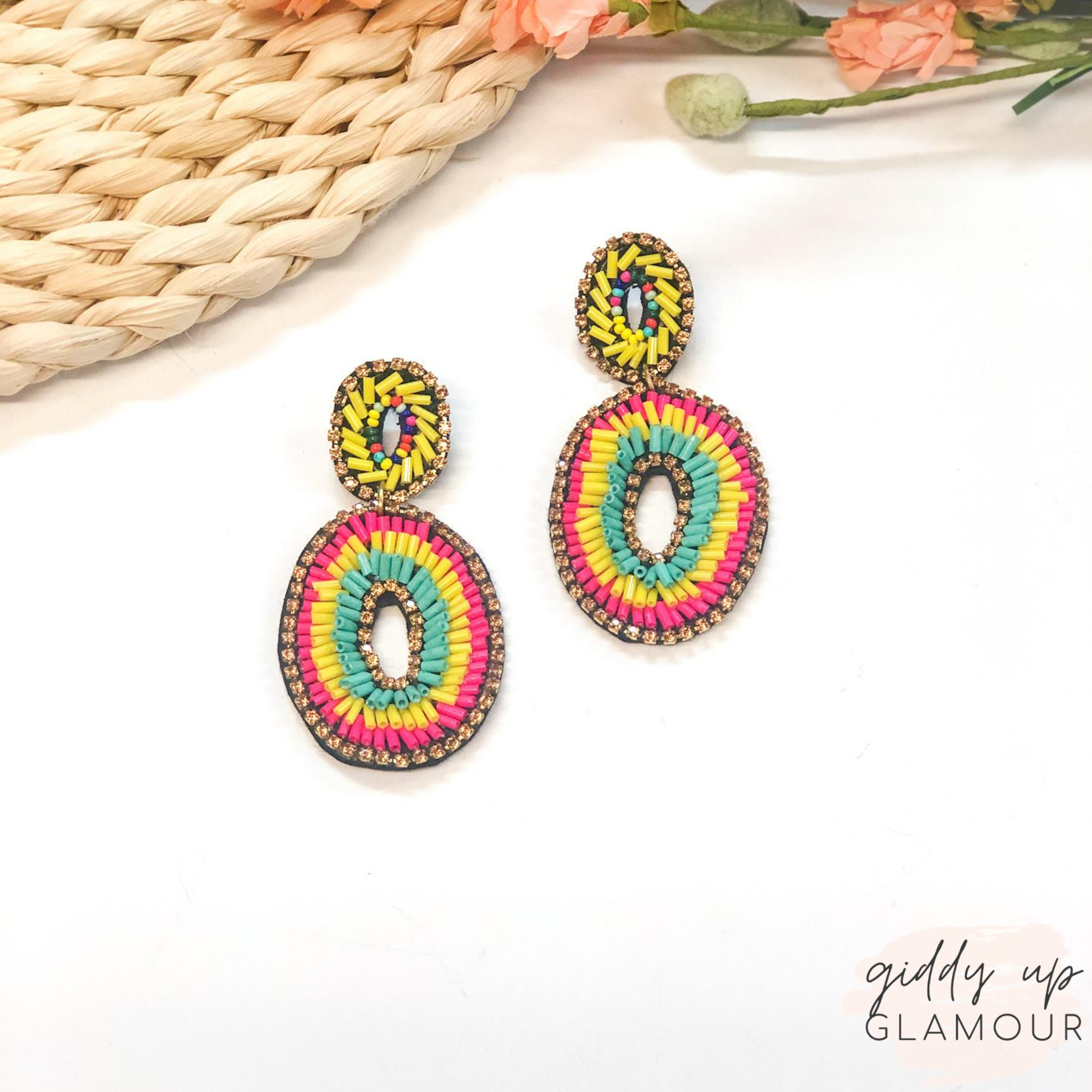 Bugle Bead Oval Earrings in Multicolor - Giddy Up Glamour Boutique