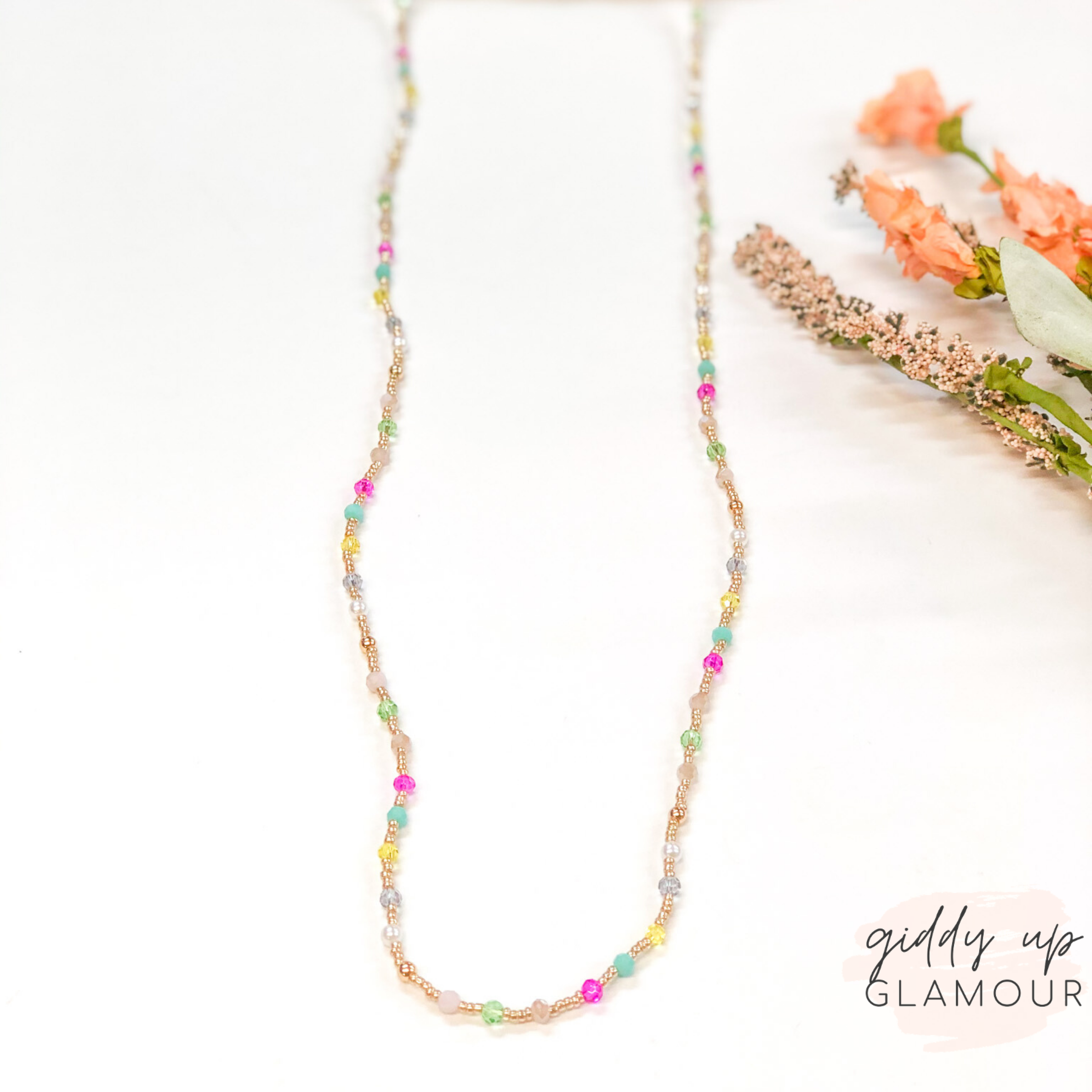 Crystal Beaded Necklace with Gold Spacers in Multi - Giddy Up Glamour Boutique