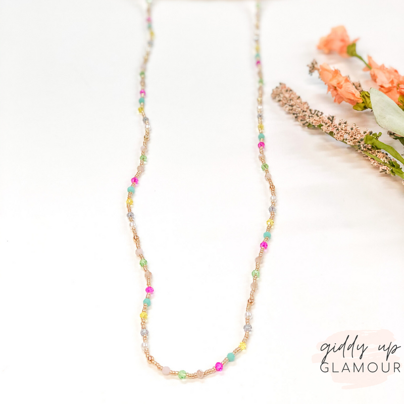 Crystal Beaded Necklace with Gold Spacers in Multi