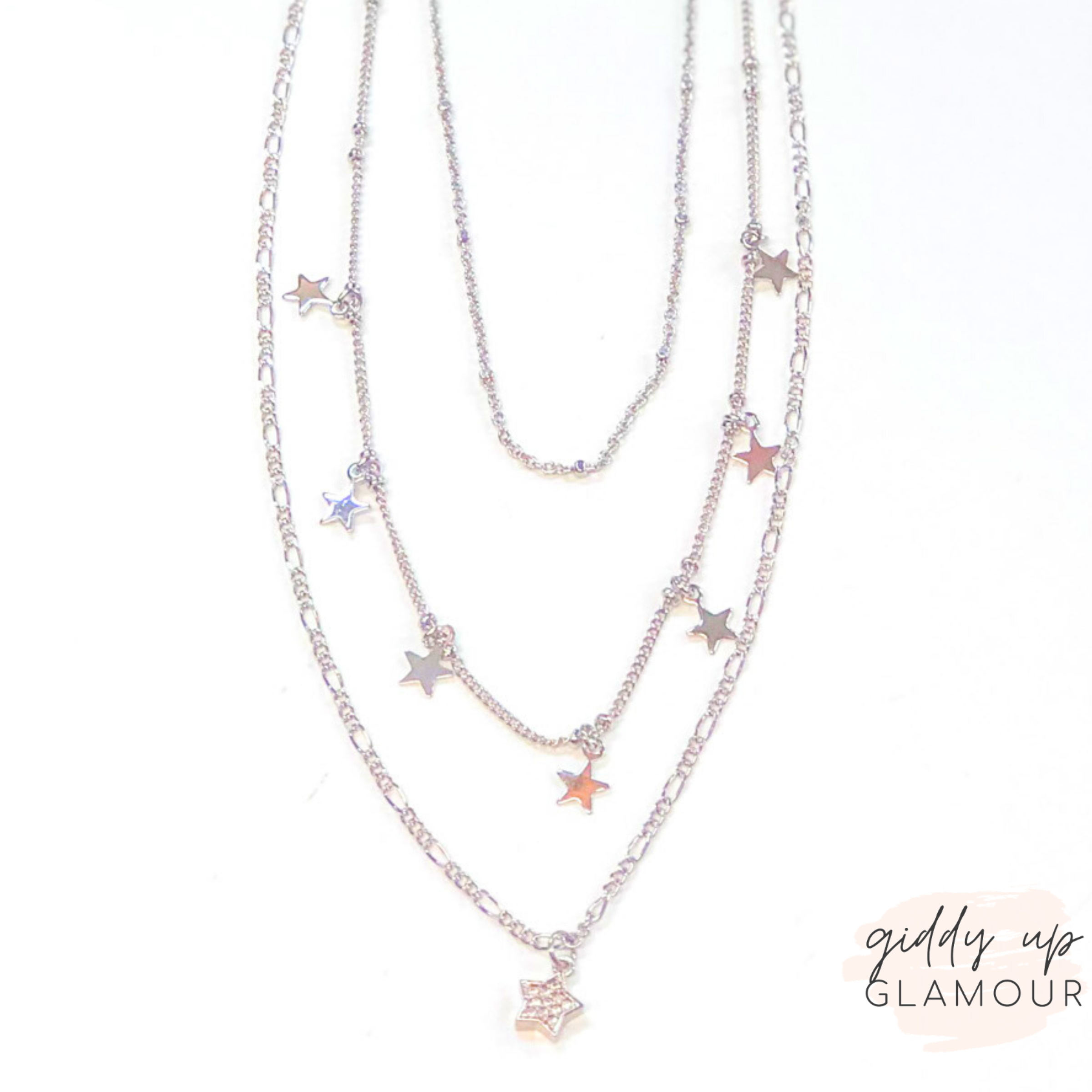 Cosmic Vibes Three Strand Necklace with Stars in Silver - Giddy Up Glamour Boutique