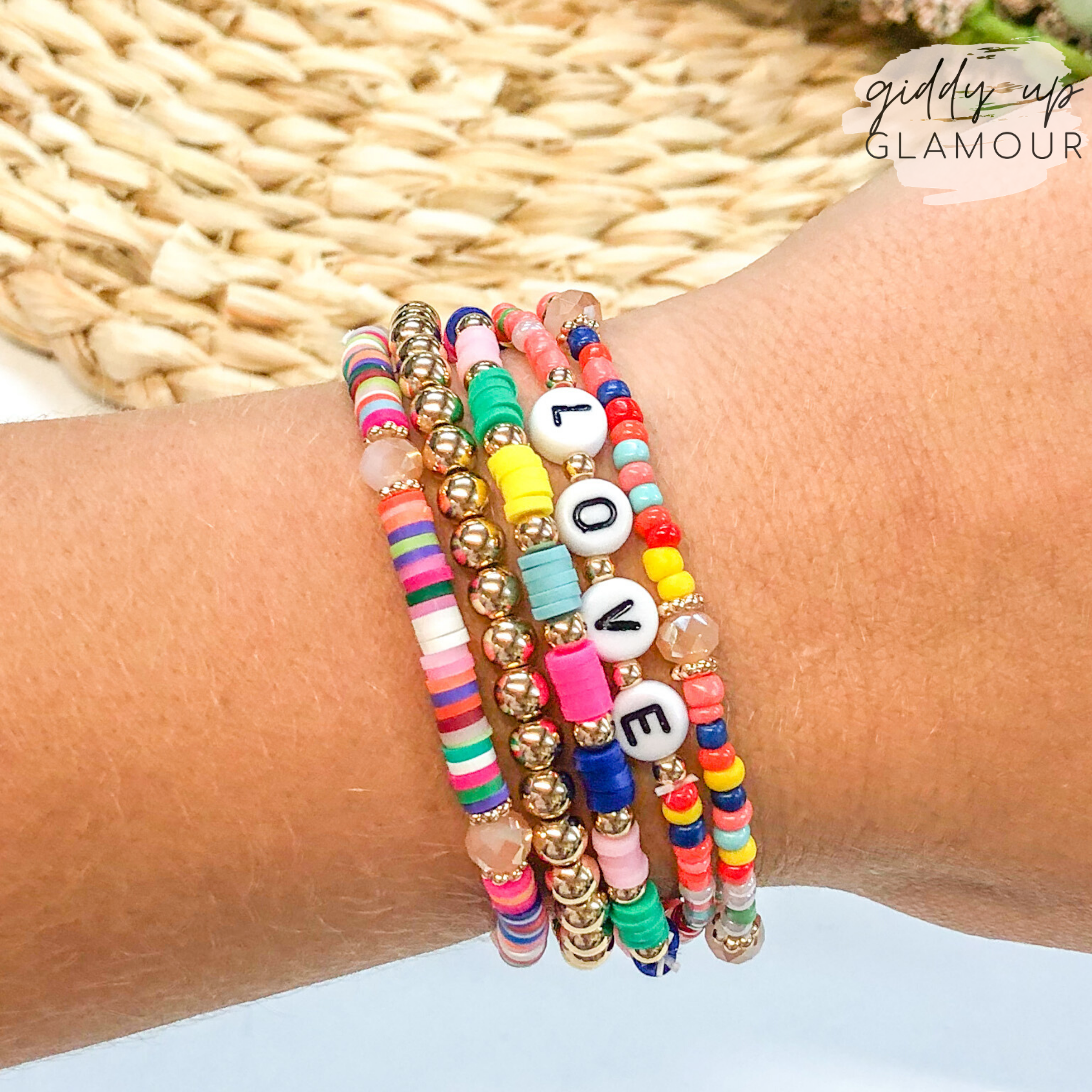 Set of Five | Disk Bead and Crystal Friendship Bracelets in Multi Color - Giddy Up Glamour Boutique
