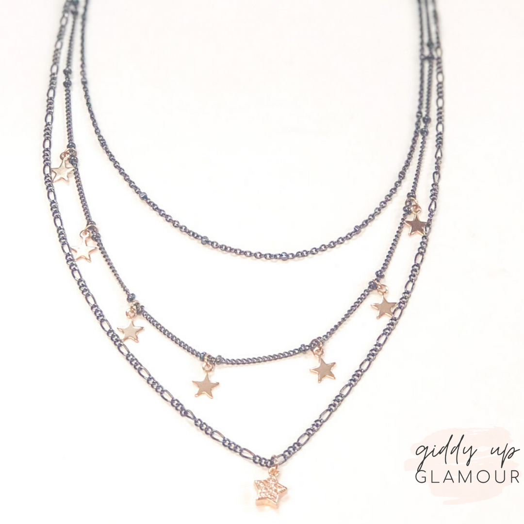 Cosmic Vibes Three Strand Necklace with Stars in Gunmetal and Gold - Giddy Up Glamour Boutique