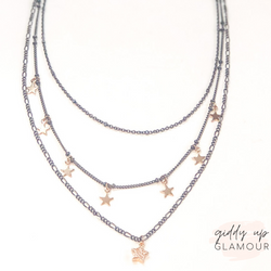 Cosmic Vibes Three Strand Necklace with Stars in Gunmetal and Gold