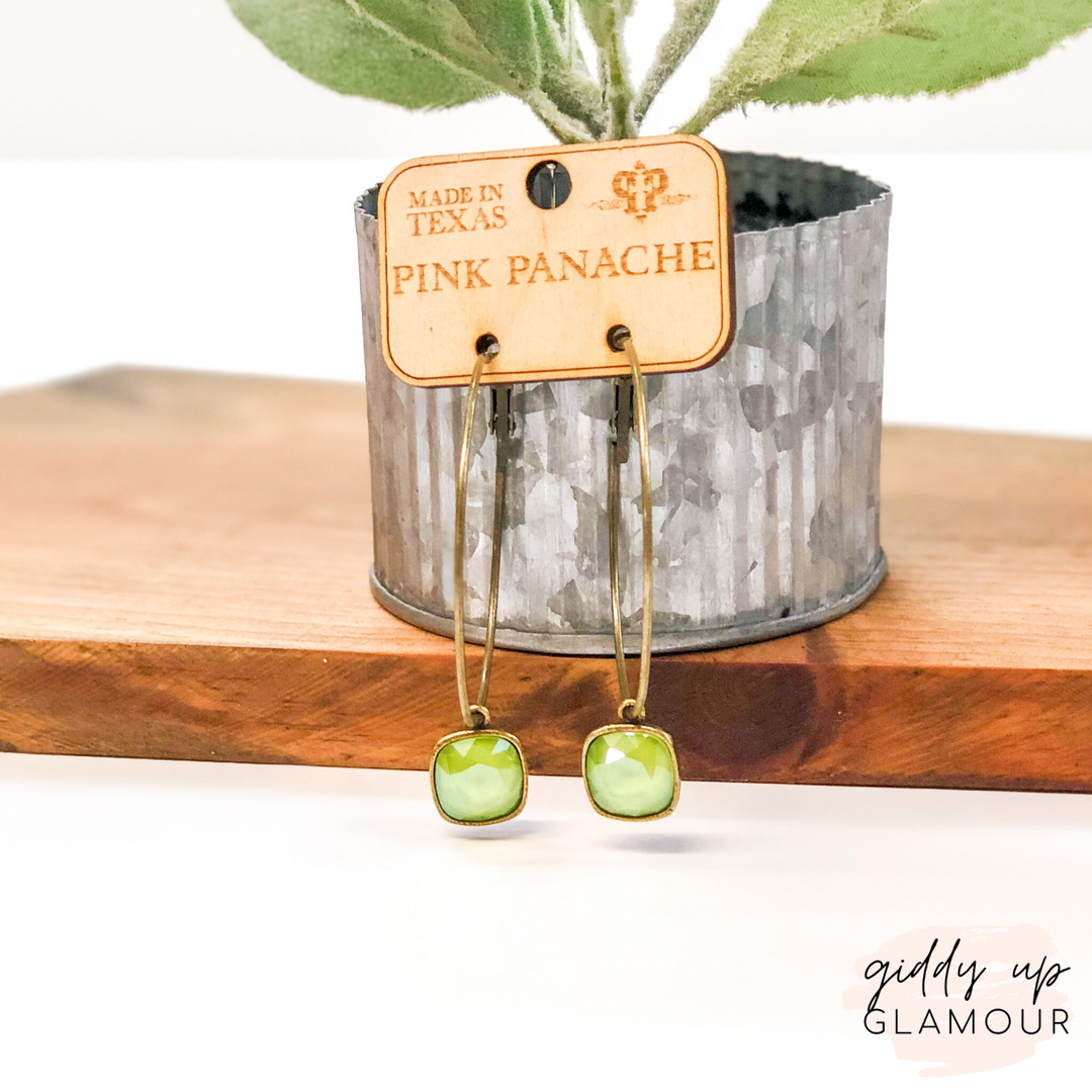 Pink Panache | Large Bronze Hoop Earrings with Cushion Cut Crystals in Lime Green - Giddy Up Glamour Boutique