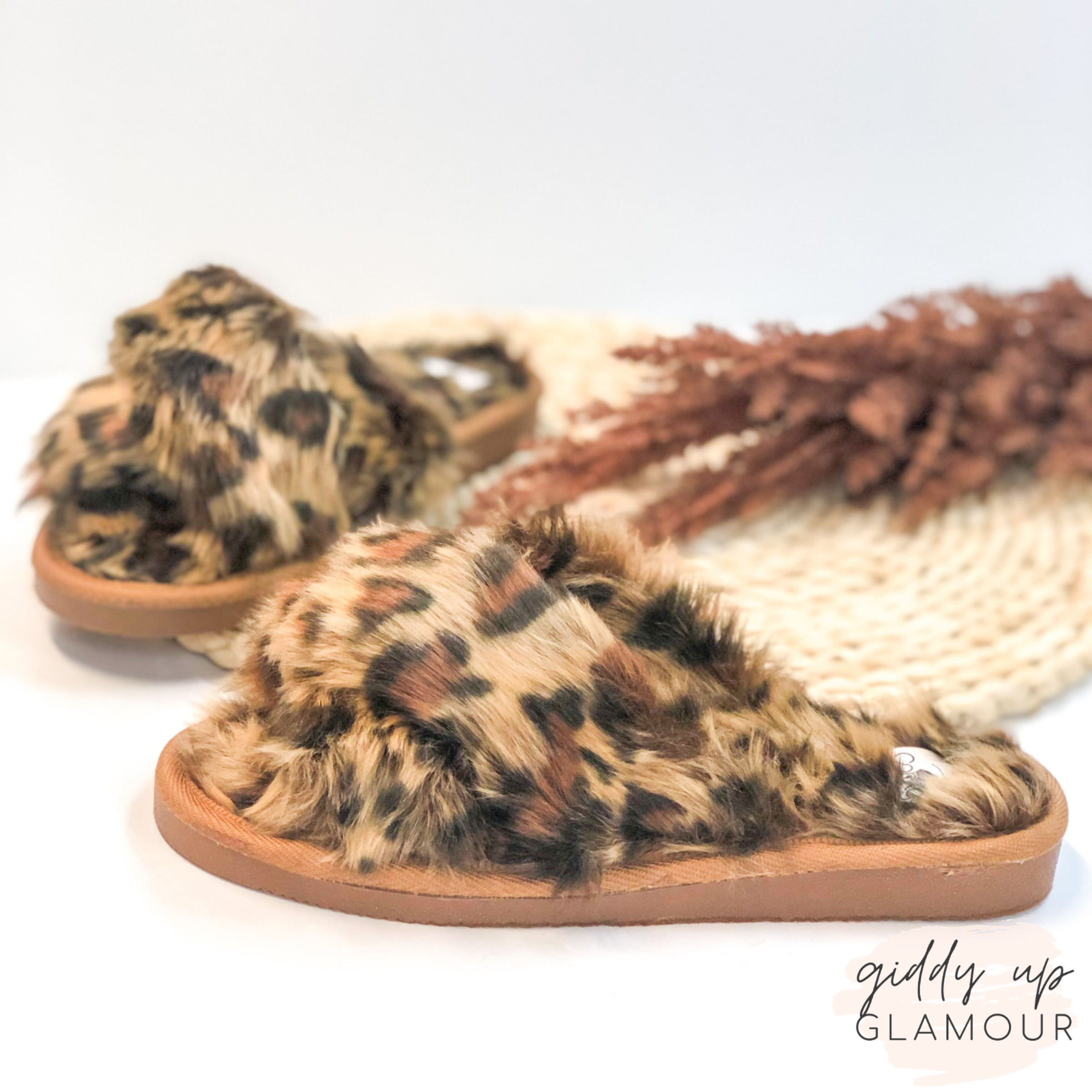 Corky's | Slumber Criss Cross Slide On Furry Slippers in Leopard - Giddy Up Glamour Boutique