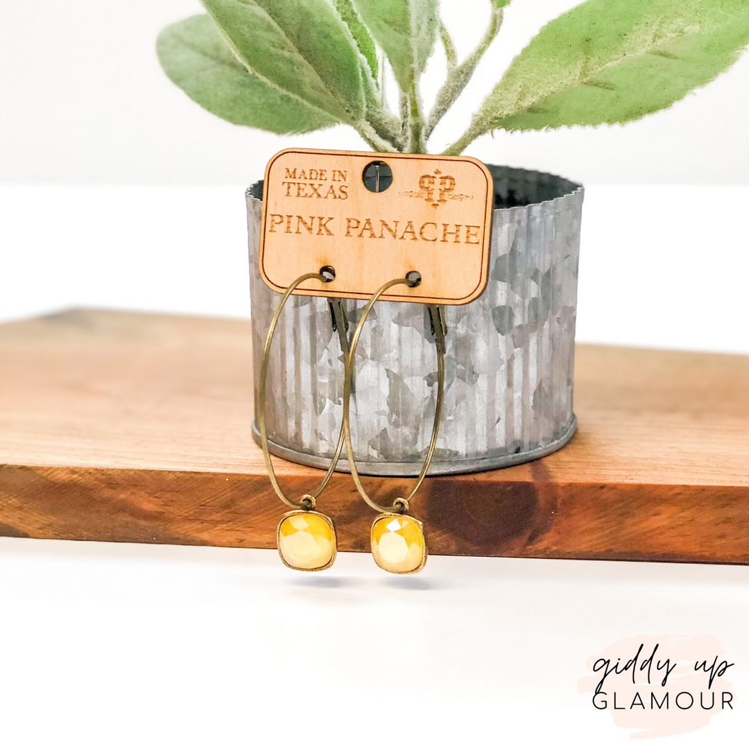 Pink Panache | Large Bronze Hoop Earrings with Cushion Cut Crystals in Buttercup Yellow - Giddy Up Glamour Boutique