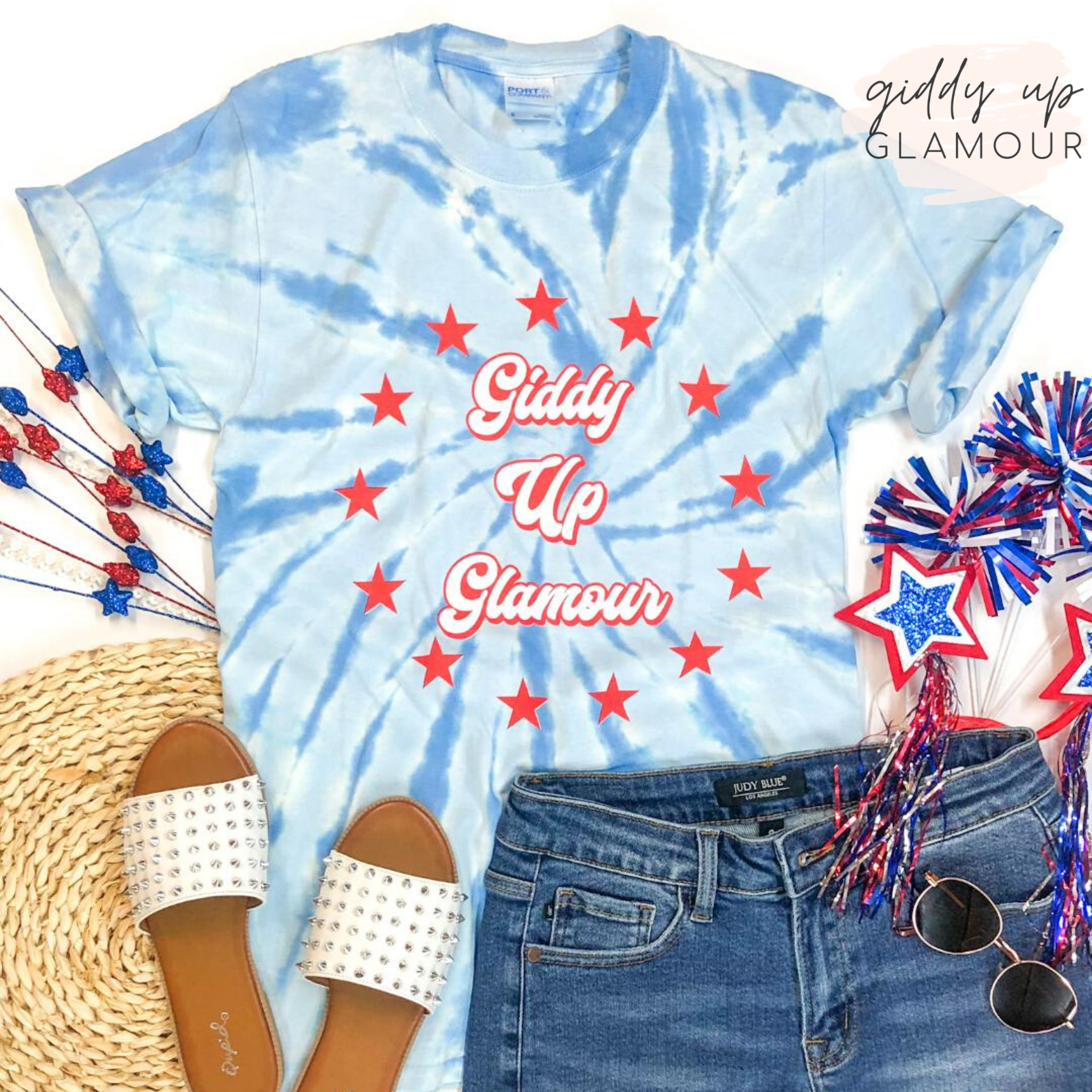 Giddy Up Glamour Tie Dye Graphic Logo Tee in Red and Blue - Giddy Up Glamour Boutique