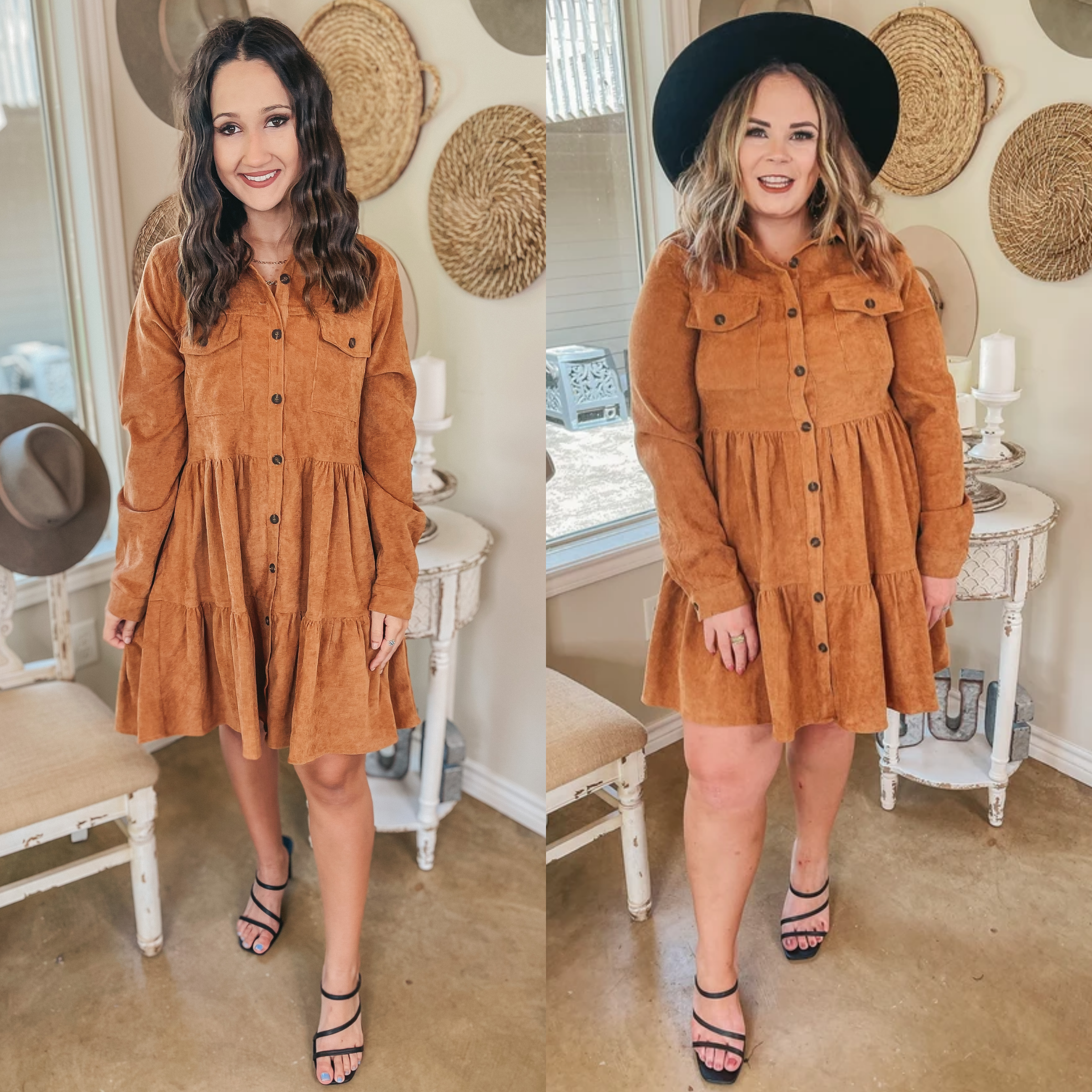 This Coming Season Button Up Long Sleeve Corduroy Dress in Camel