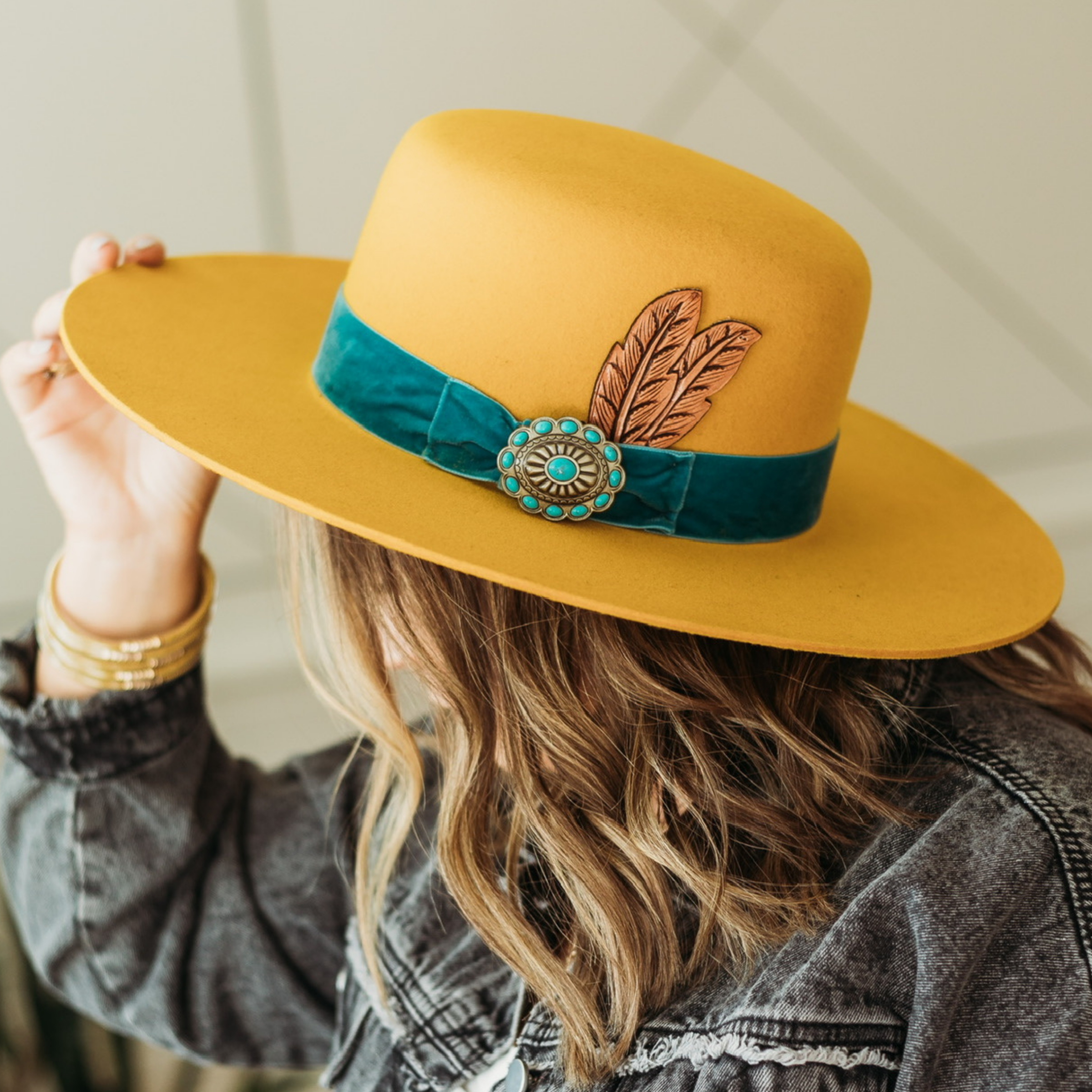 Charlie 1 Horse | Nomad Wool Felt Hat with Ribbon Band and Concho with Leather Feather in Yellow - Giddy Up Glamour Boutique