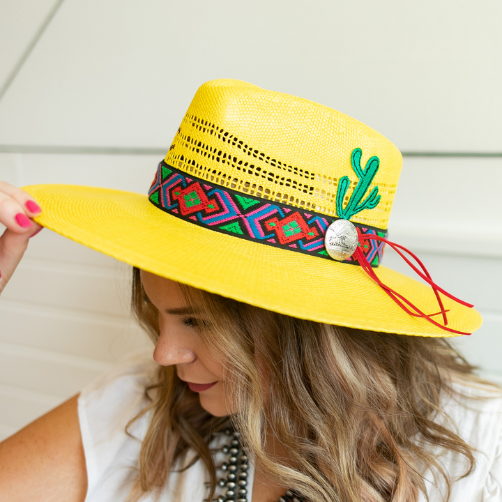 Charlie 1 Horse | Mariachi Stiff Brim Straw Hat with Colorful Design Band, Coin Pendant and Cactus Detailing - Giddy Up Glamour Boutique