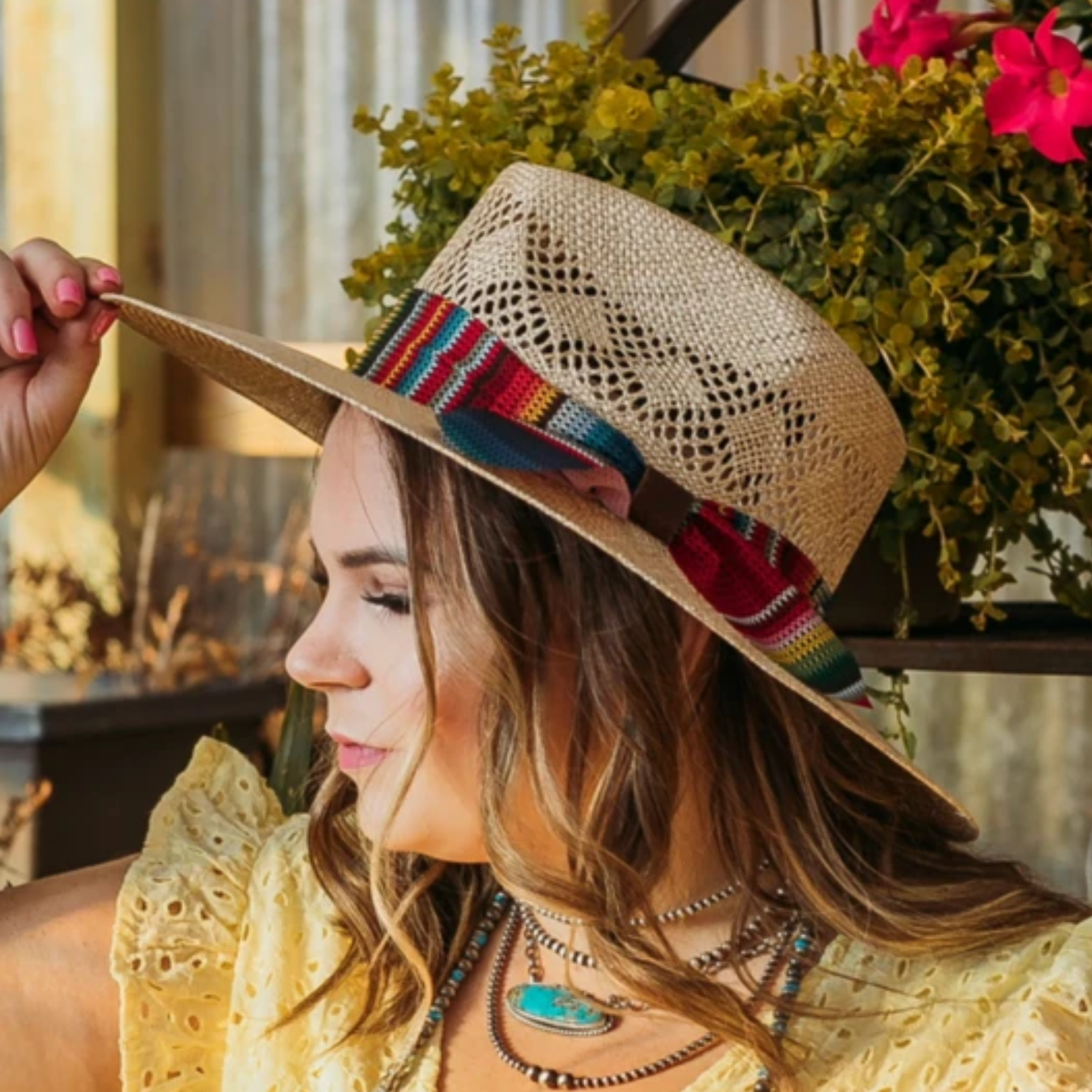 Charlie 1 Horse | Fiesta Straw Stiff Brim Hat with Serape Band in Natural - Giddy Up Glamour Boutique