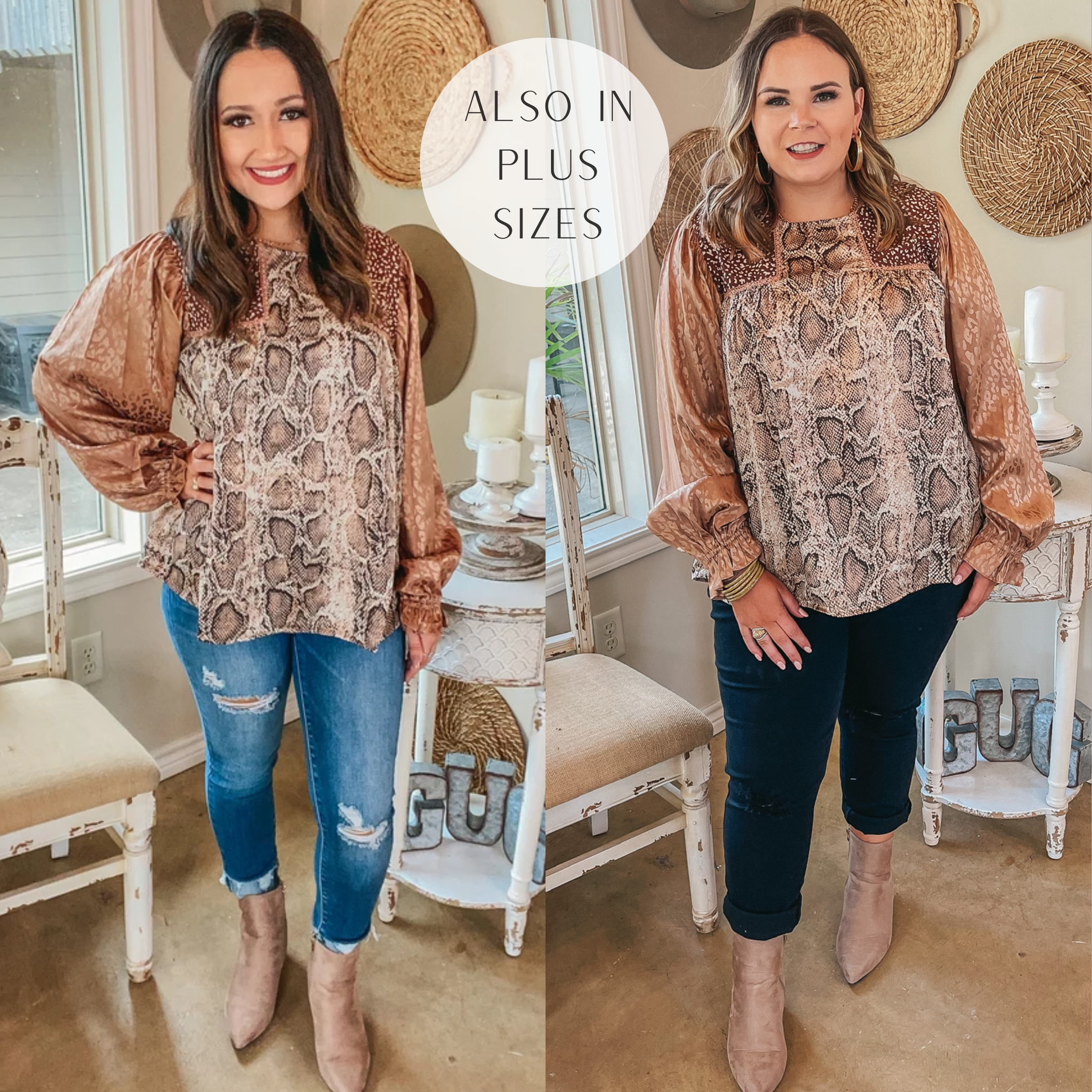 Macchiato Morning Mixed Print Long Sleeve Blouse in Copper - Giddy Up Glamour Boutique