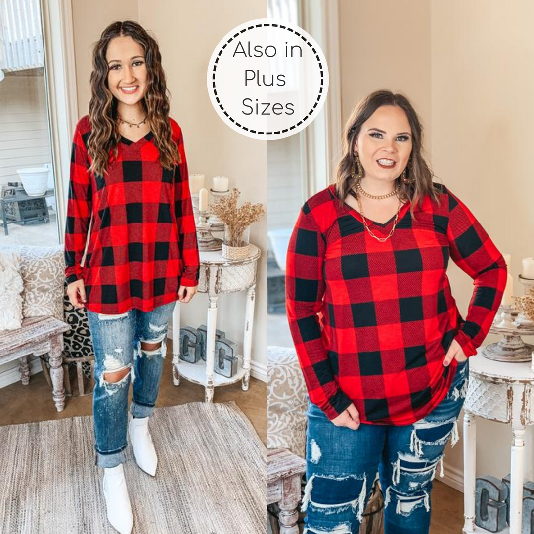 Keep Things Simple Long Sleeve Buffalo Plaid V Neck Pullover Top in Red - Giddy Up Glamour Boutique