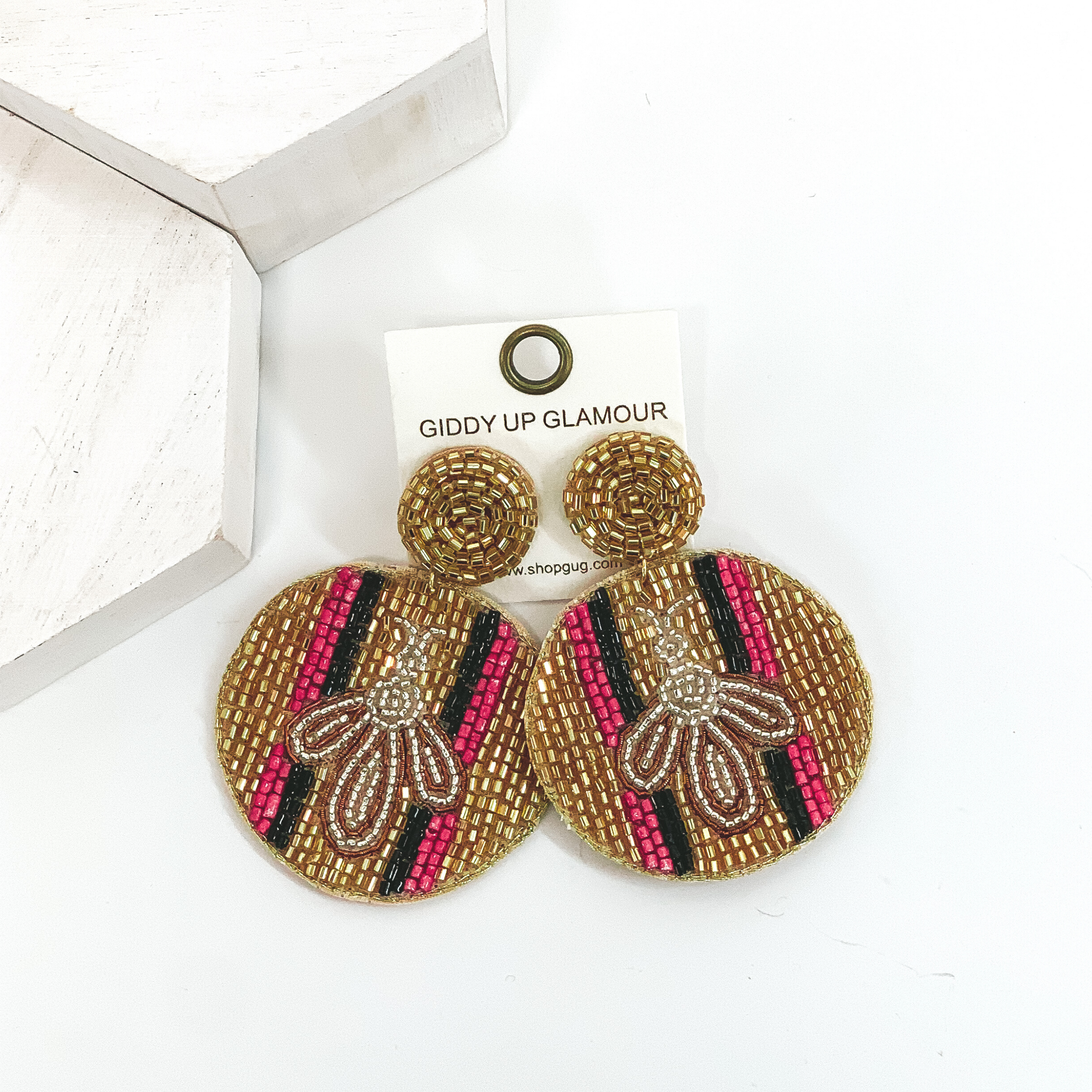 Bee Happy Circle Drop Beaded Earrings in Gold - Giddy Up Glamour Boutique