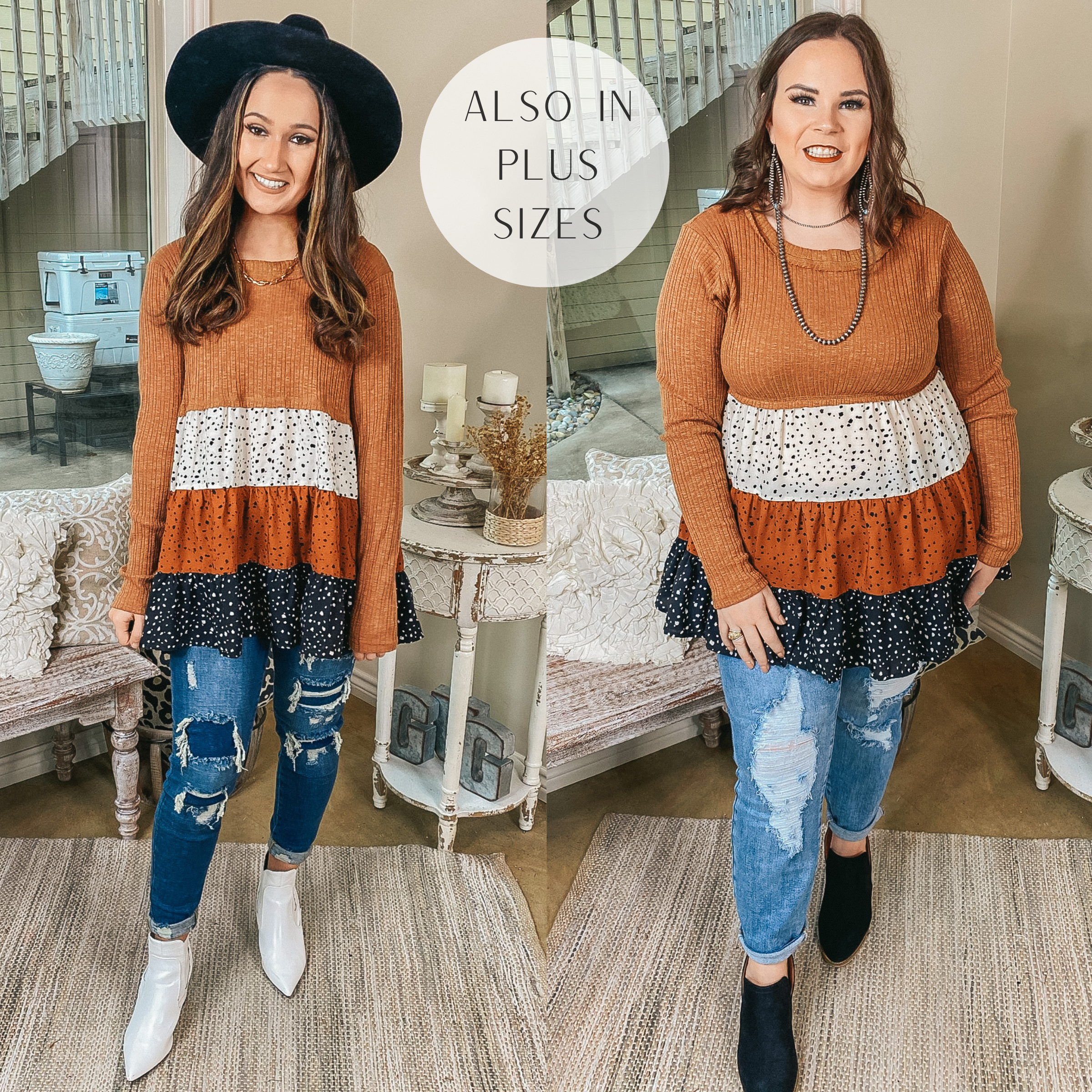 Toffee Kisses Long Sleeve Babydoll Top with Dotted Color Block Lower in Rust - Giddy Up Glamour Boutique