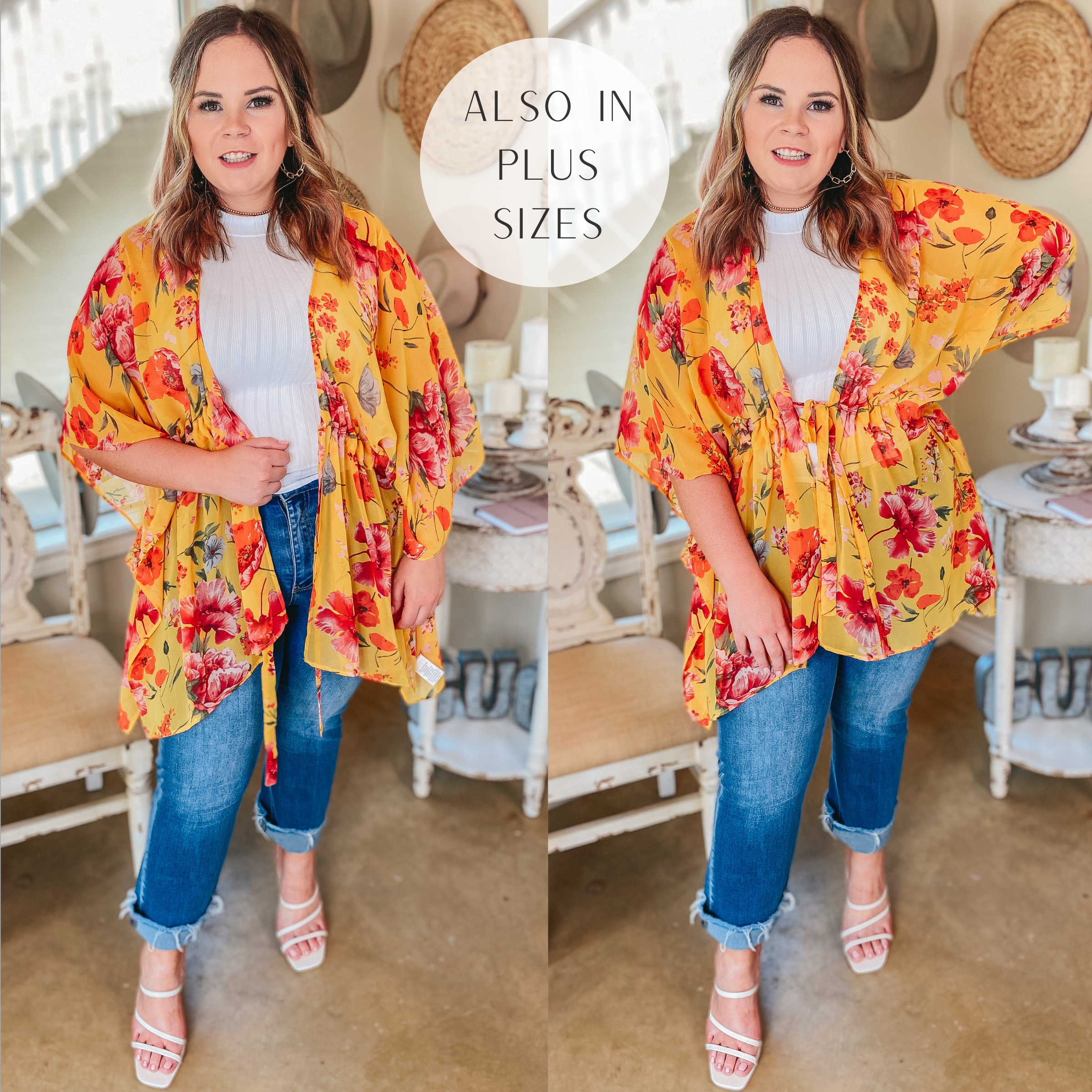 Tied Together with a Smile Waist Tie Closure Floral Drape Kimono in Yellow - Giddy Up Glamour Boutique