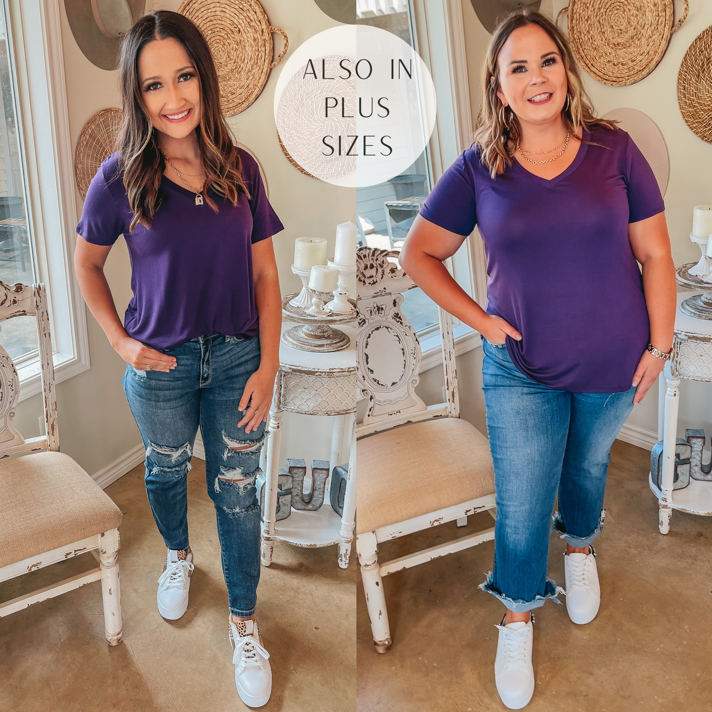 It's That Simple Solid V Neck Tee in Purple - Giddy Up Glamour Boutique