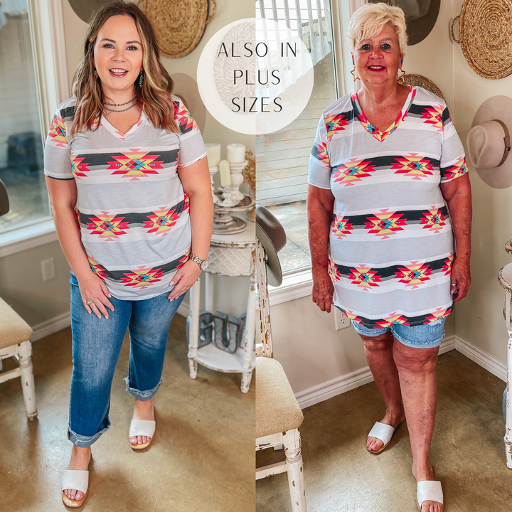 Last Chance Size Small & Med. | Keep Things Simple Horizontal Striped Aztec Print V Neck Tee in Grey - Giddy Up Glamour Boutique