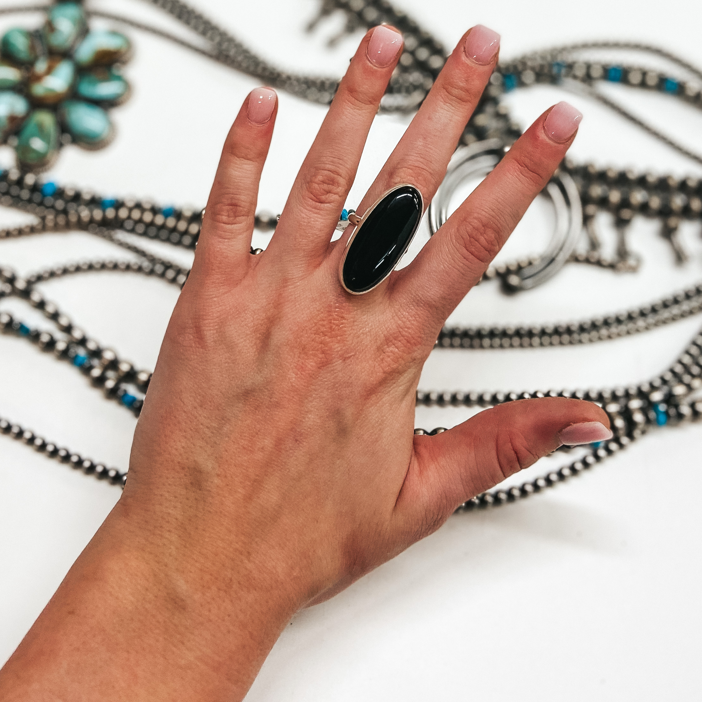 Judy Largo | Navajo Handmade Sterling Silver Ring with Oval Black Onyx Stone - Giddy Up Glamour Boutique