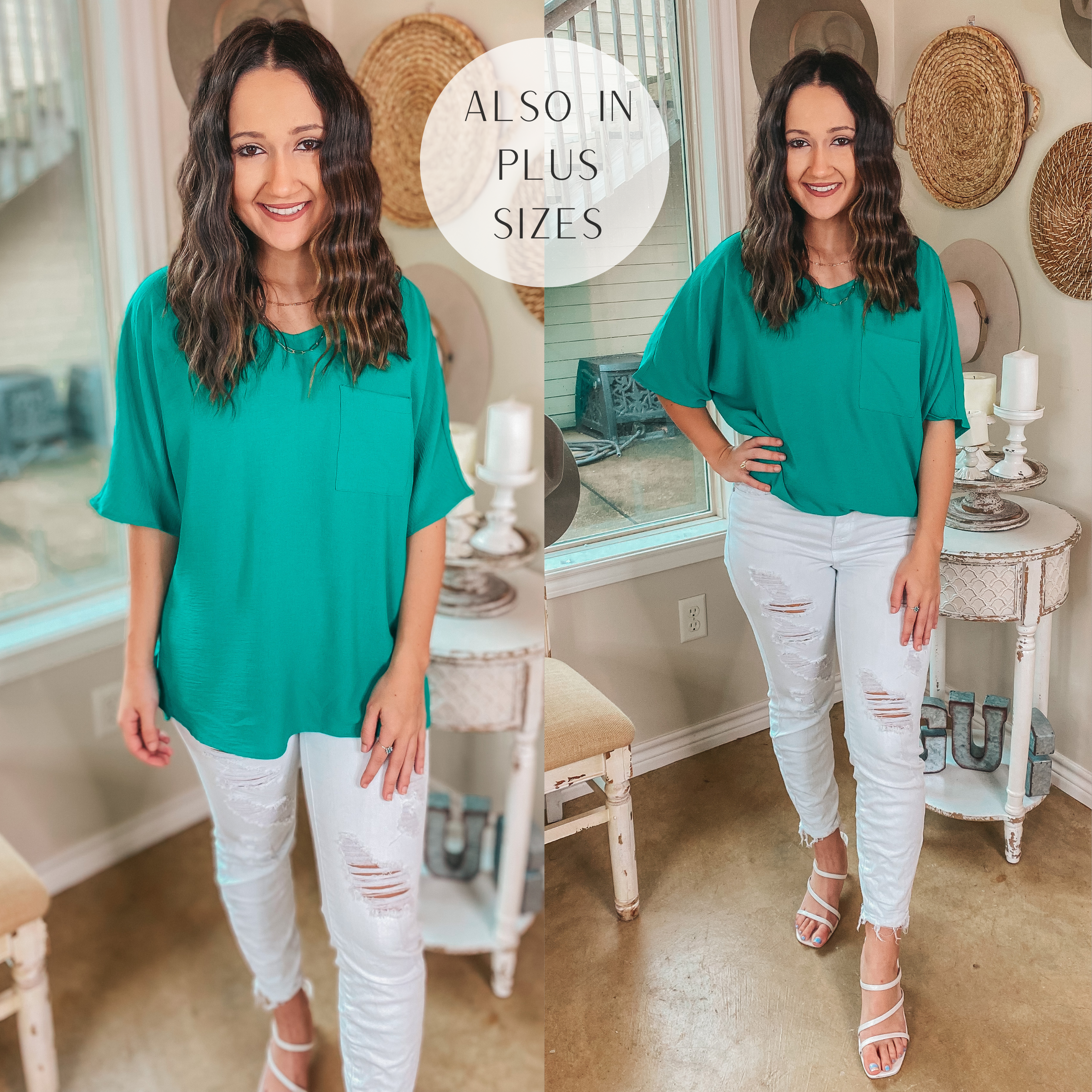 On Record V Neck Short Sleeve Shift Top with Front Pocket in Jade Green - Giddy Up Glamour Boutique