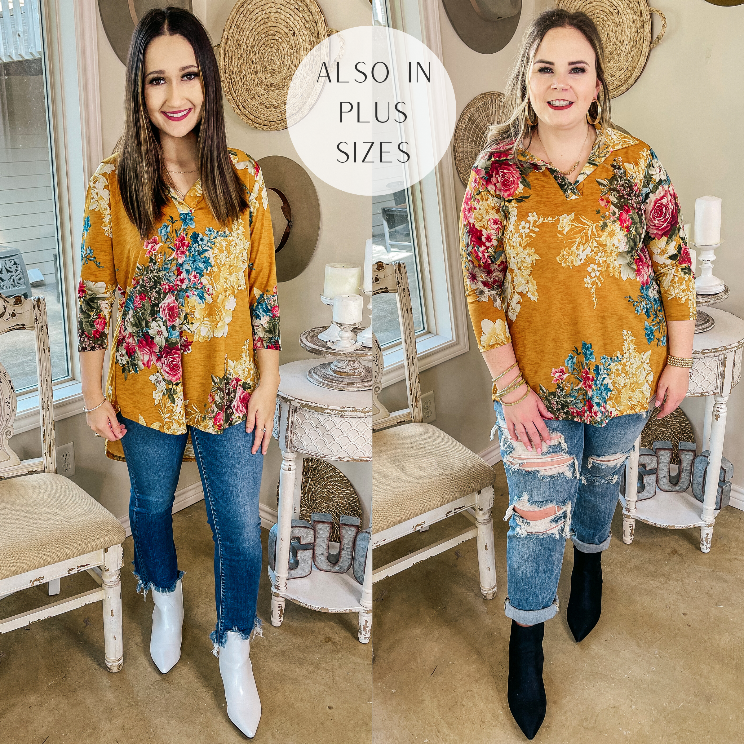 Last Chance Size Small | Scenic Route Floral Collared Tunic Top in Mustard - Giddy Up Glamour Boutique