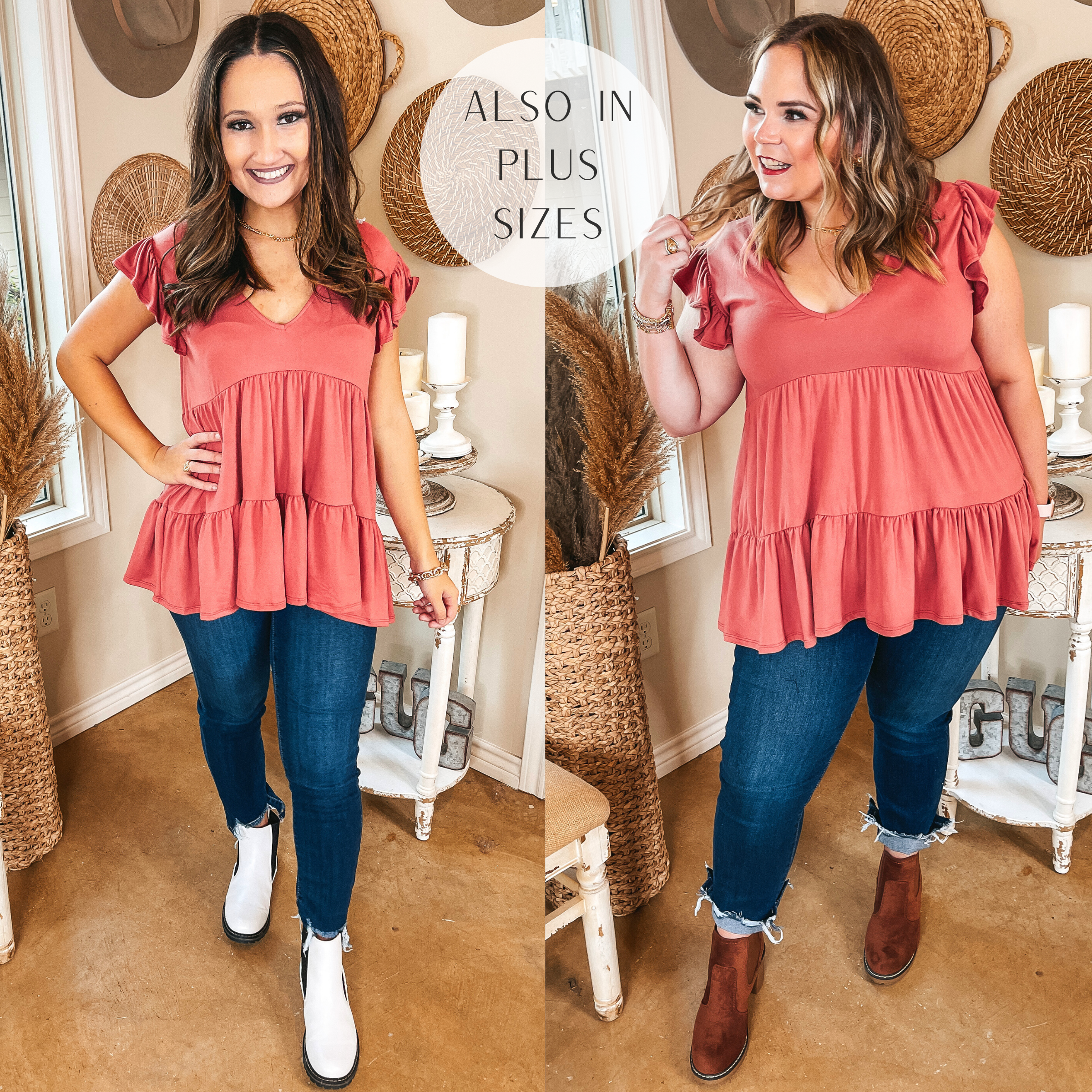 Make Your Debut Ruffle Tiered V Neck Top in Dusty Coral - Giddy Up Glamour Boutique