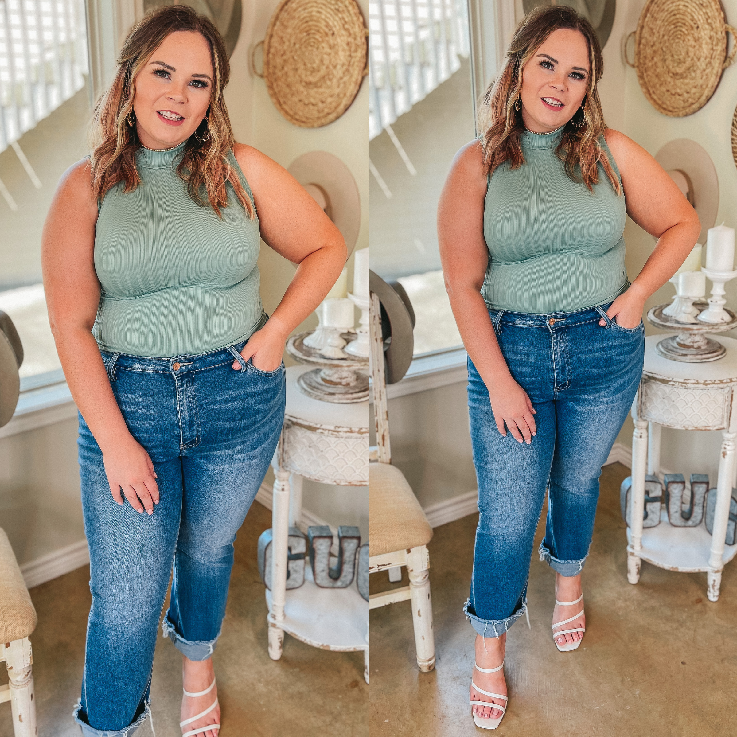 Take Me Somewhere High Neck Ribbed Tank Top in Sage Green - Giddy Up Glamour Boutique