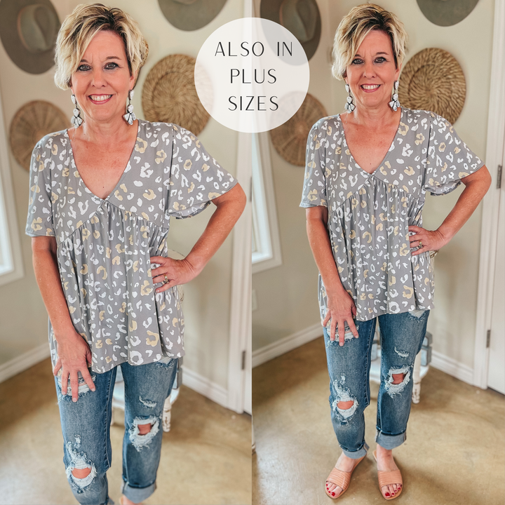 Brand New Look Leopard V Neck Babydoll Top in Grey - Giddy Up Glamour Boutique