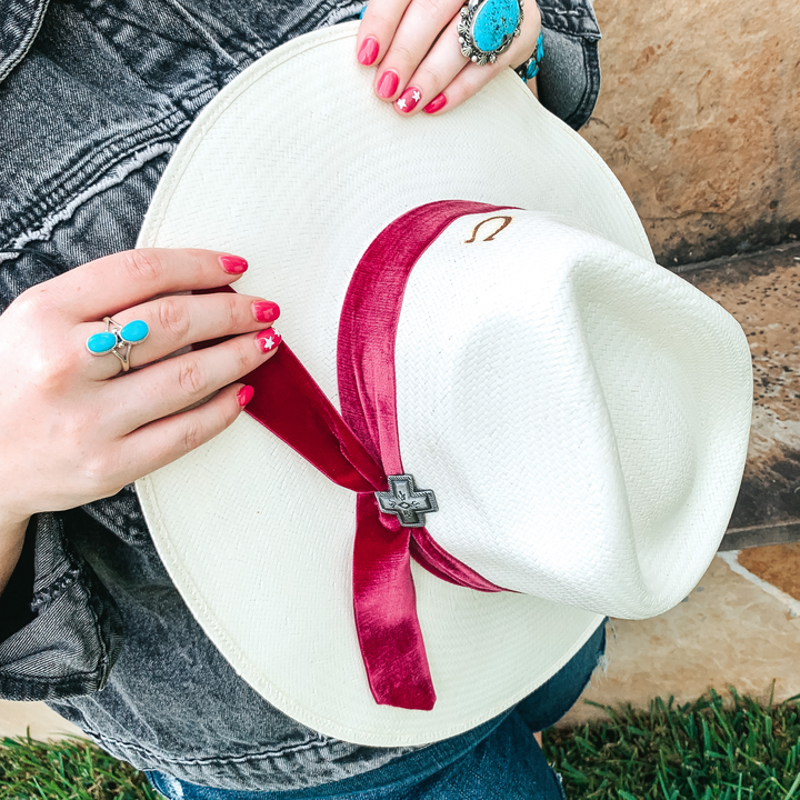 Charlie 1 Horse | Truth Straw Hat with Burgundy Velvet Ribbon Band and Barbosa Cross Concho Pin - Giddy Up Glamour Boutique