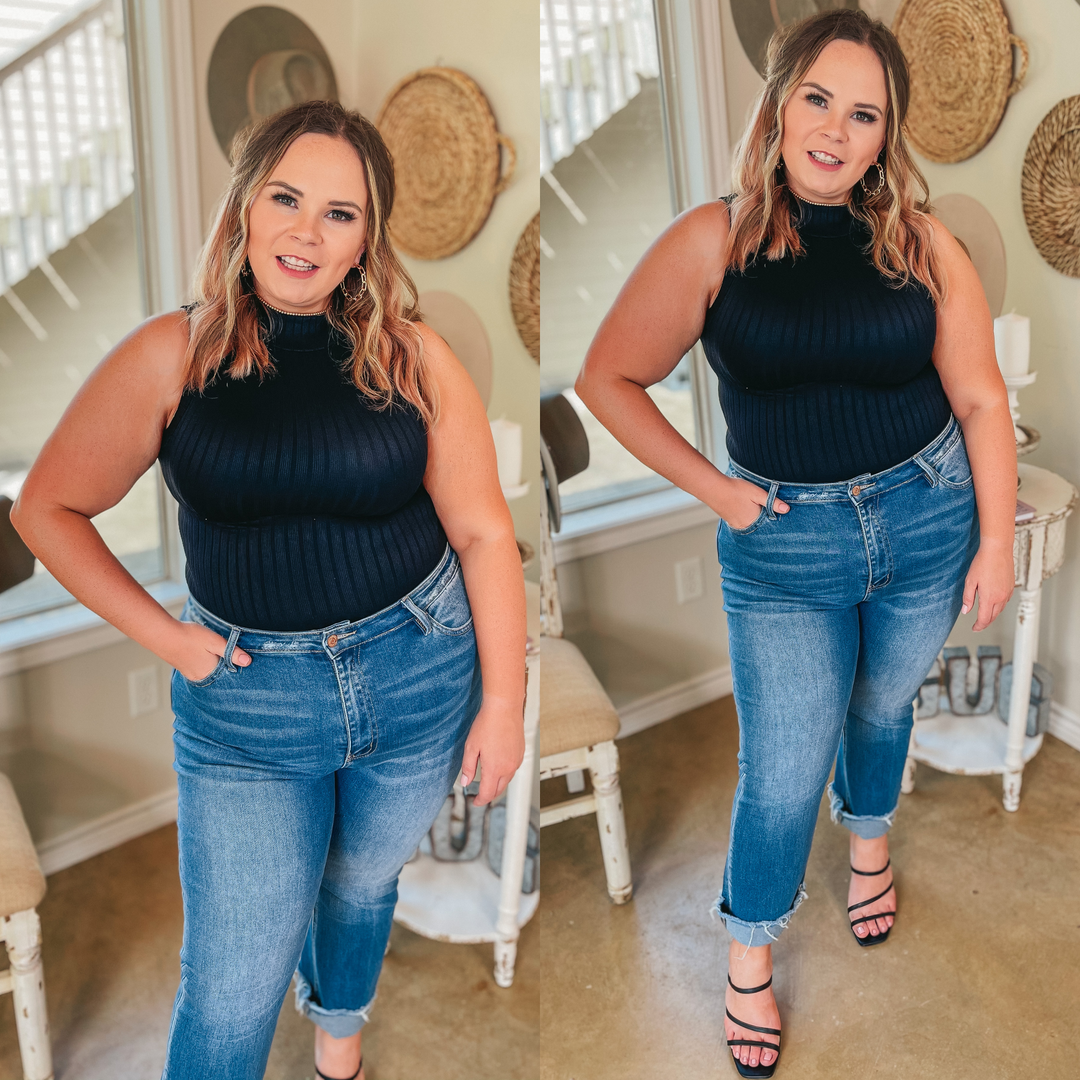 Take Me Somewhere High Neck Ribbed Tank Top in Black - Giddy Up Glamour Boutique